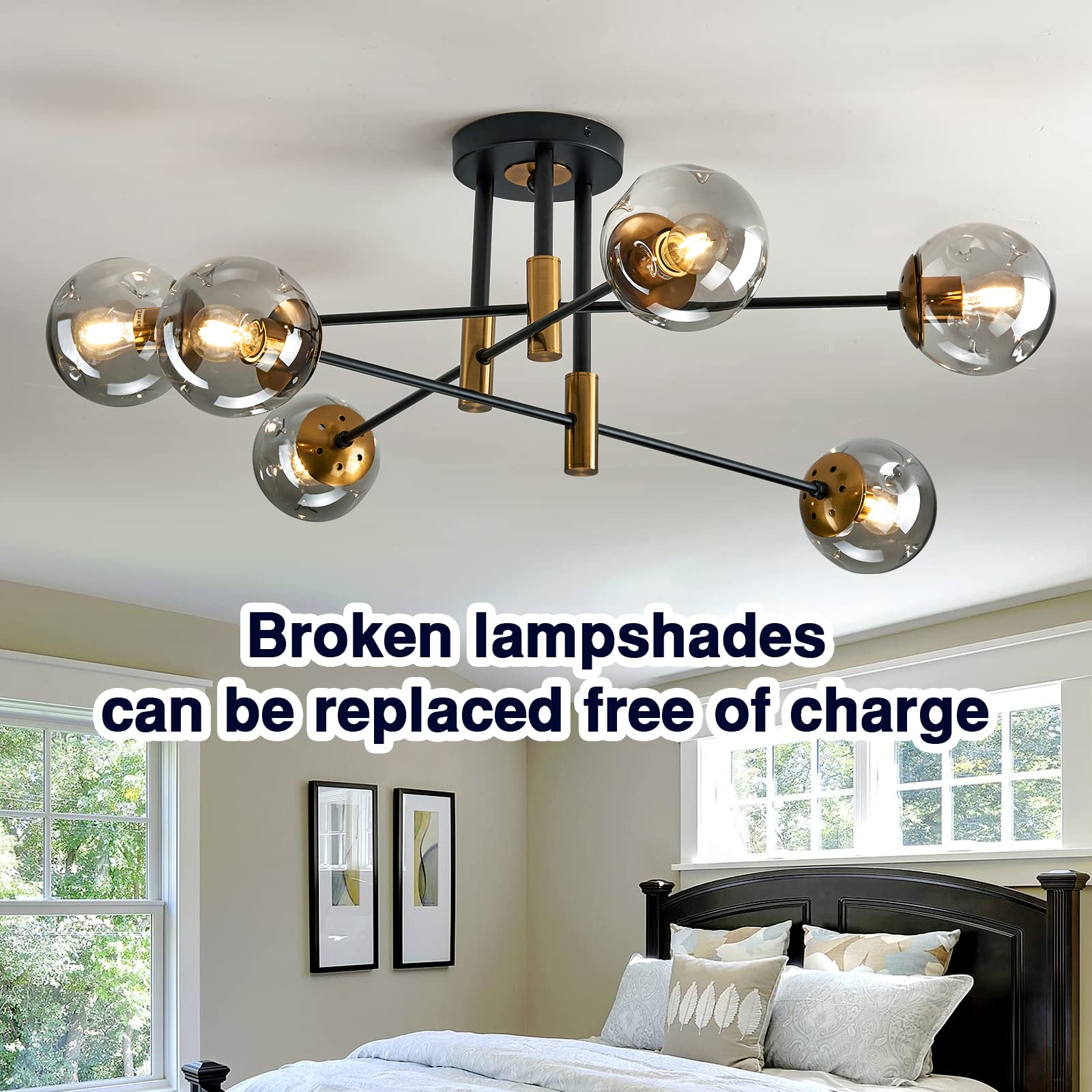 Szxykeji Modern Black Glass Chandelier - 6-Lights Flush Mount Ceiling Light For Dining & Living Room