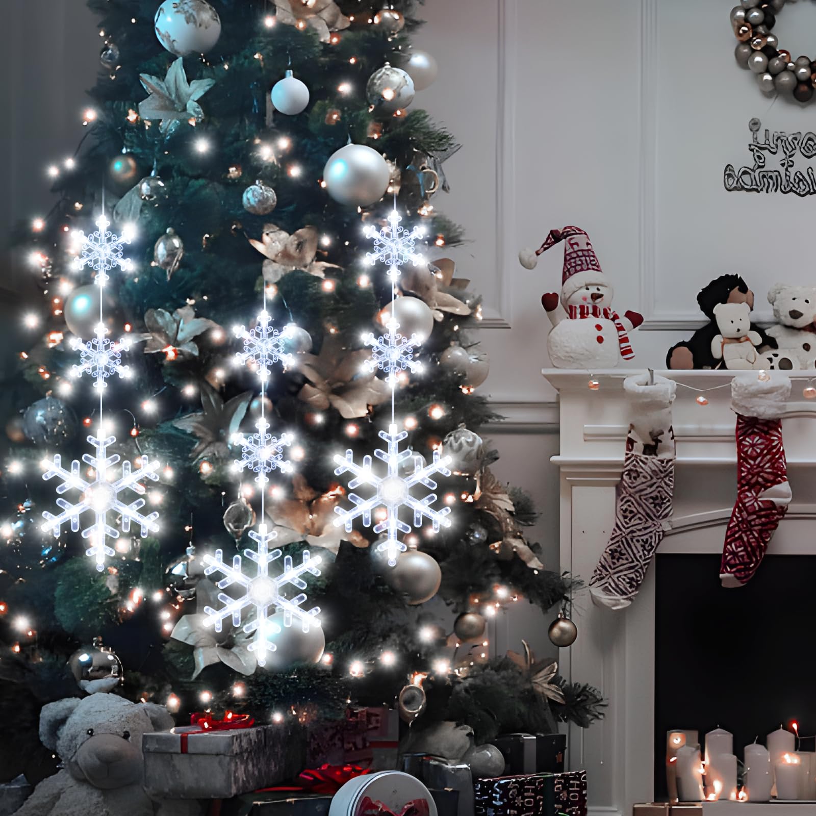 Lyubasa [Timer 3Pack Christmas Window Lights Decorations, Battery Powered Christmas Window Hanging White Lighted Snowflake Shaped Led Sucker String For Xmas Tree Fireplace Window Indoor Decor