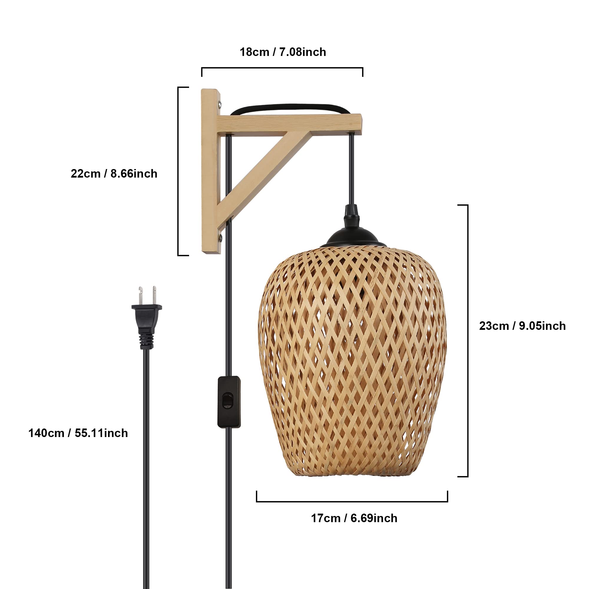 Sunllok Modern Bamboo Wall Light With Switch - Plug In Hanging Wall Mounted Lamp Rustic Woven Bird Nest Rattan Lampshade, Indoor Wood Base Wall Sconces For Living Room, Kitchen Island, Restaurant