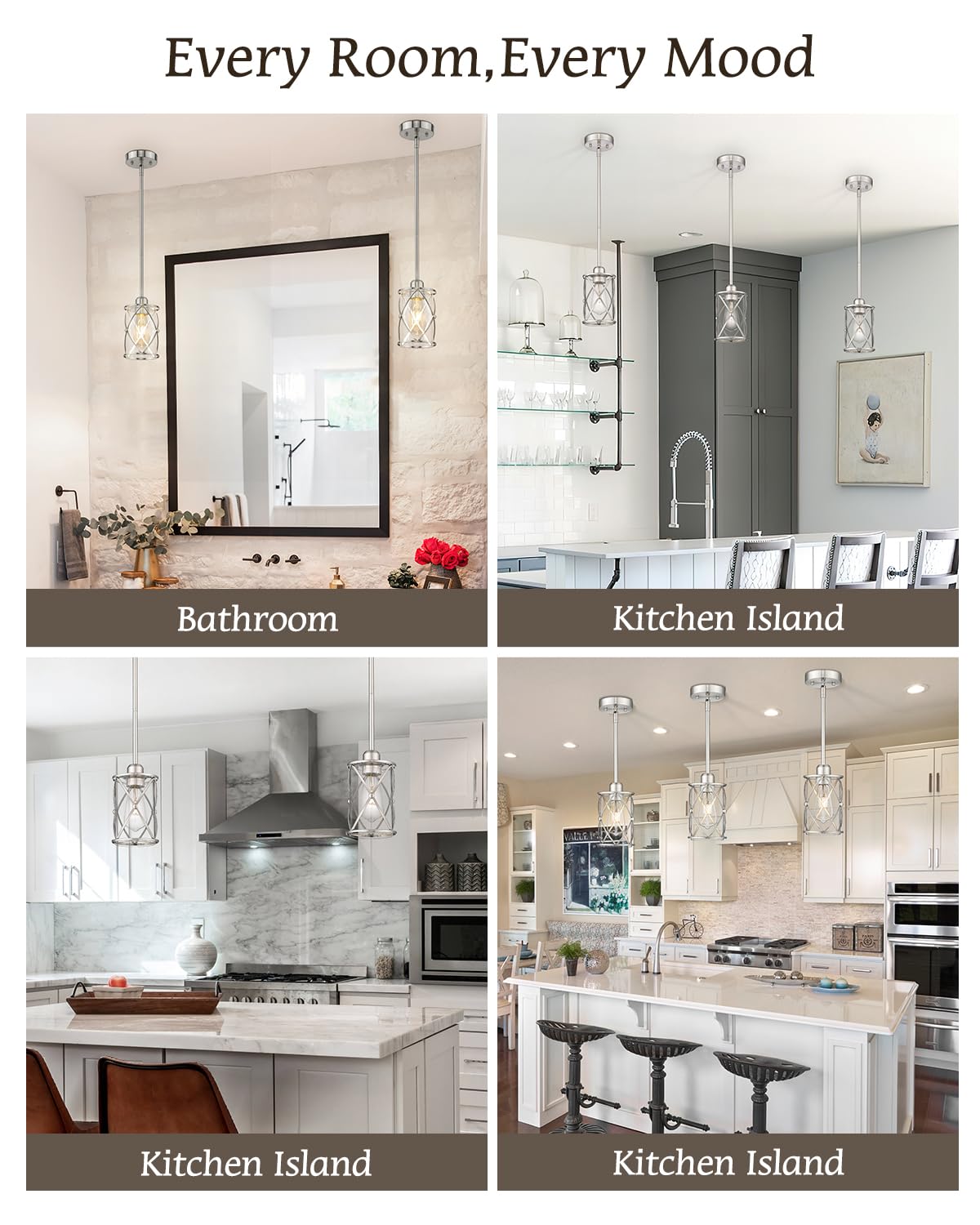 Osimir Brushed Nickel Pendant Lights Kitchen Island 3 Pack, Glass Kitchen Pendant Lighting Over Island With Rod, Modern Mini Han