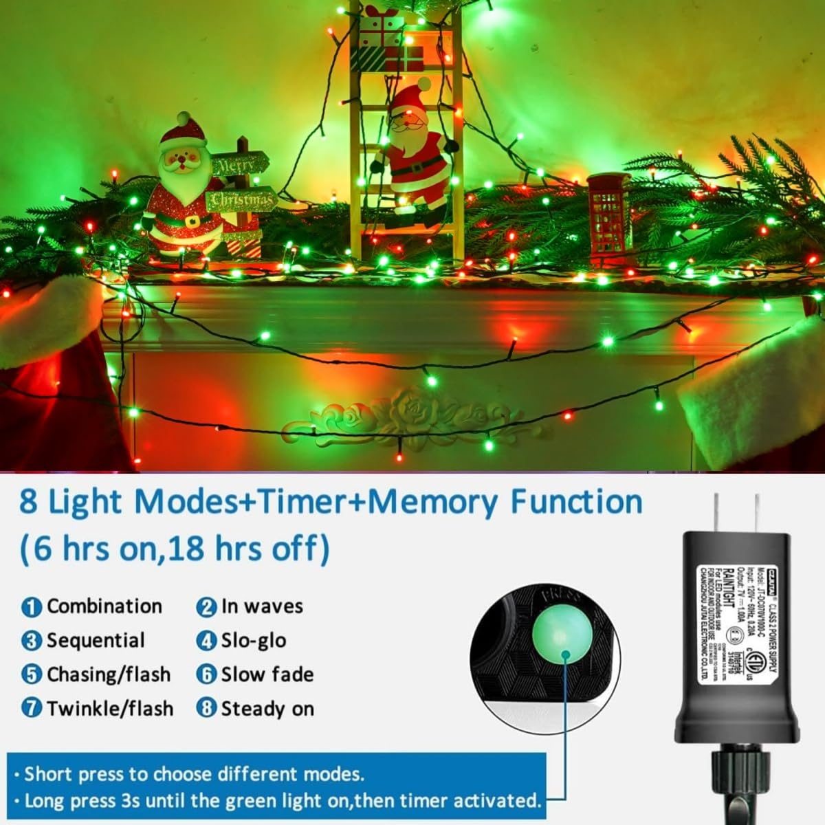 YEGUO 200 LED Christmas Lights Outdoor Waterproof, Green Wire, Red and Green, 8 Modes, 66ft, Model JT-EL/FC300V0120-C