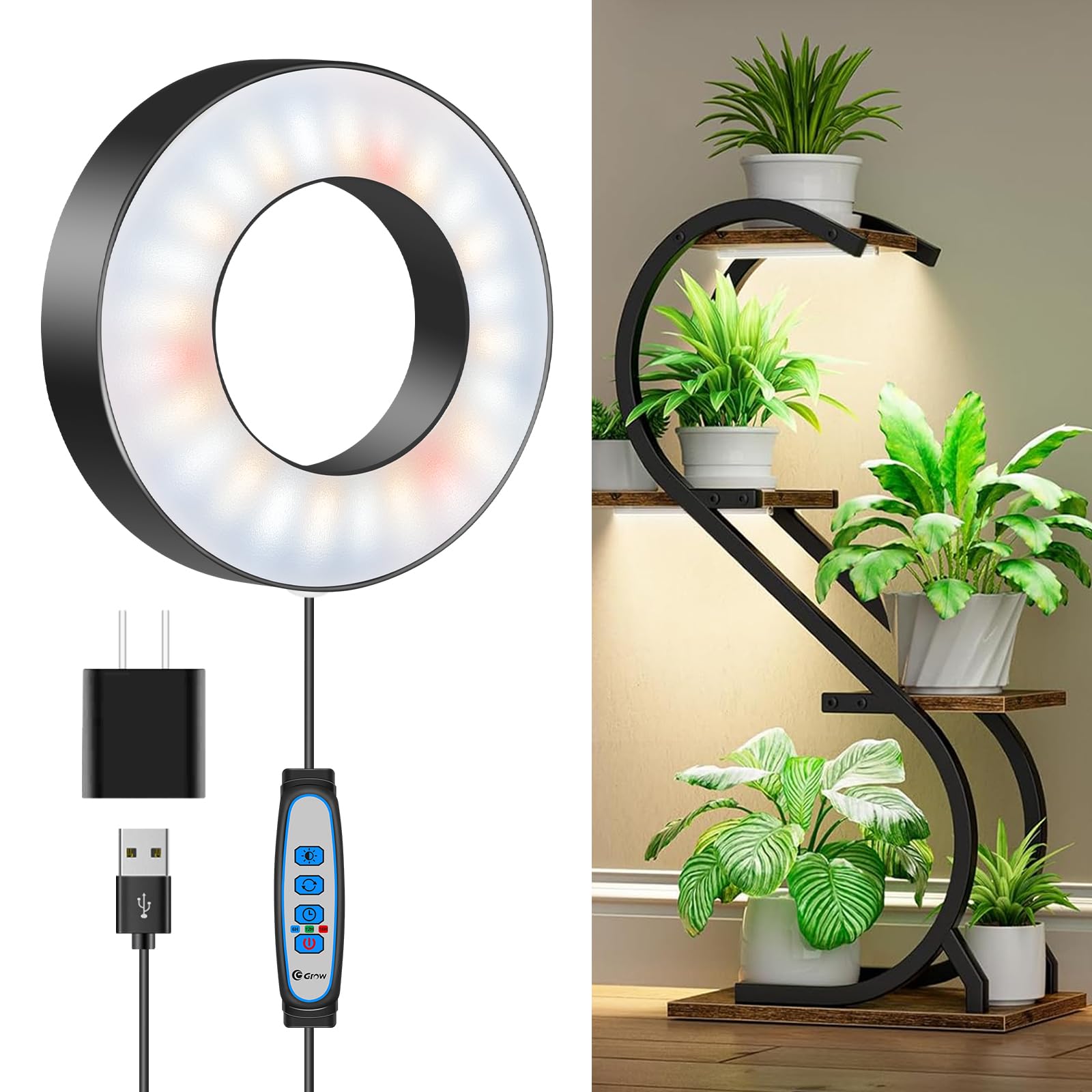 Wiaxulay LED Grow Light for Indoor Plants, 48 LEDs, Full Spectrum, 3.5in One Head, Black, Model BL-B20B, Auto Timer, 3 Modes,
