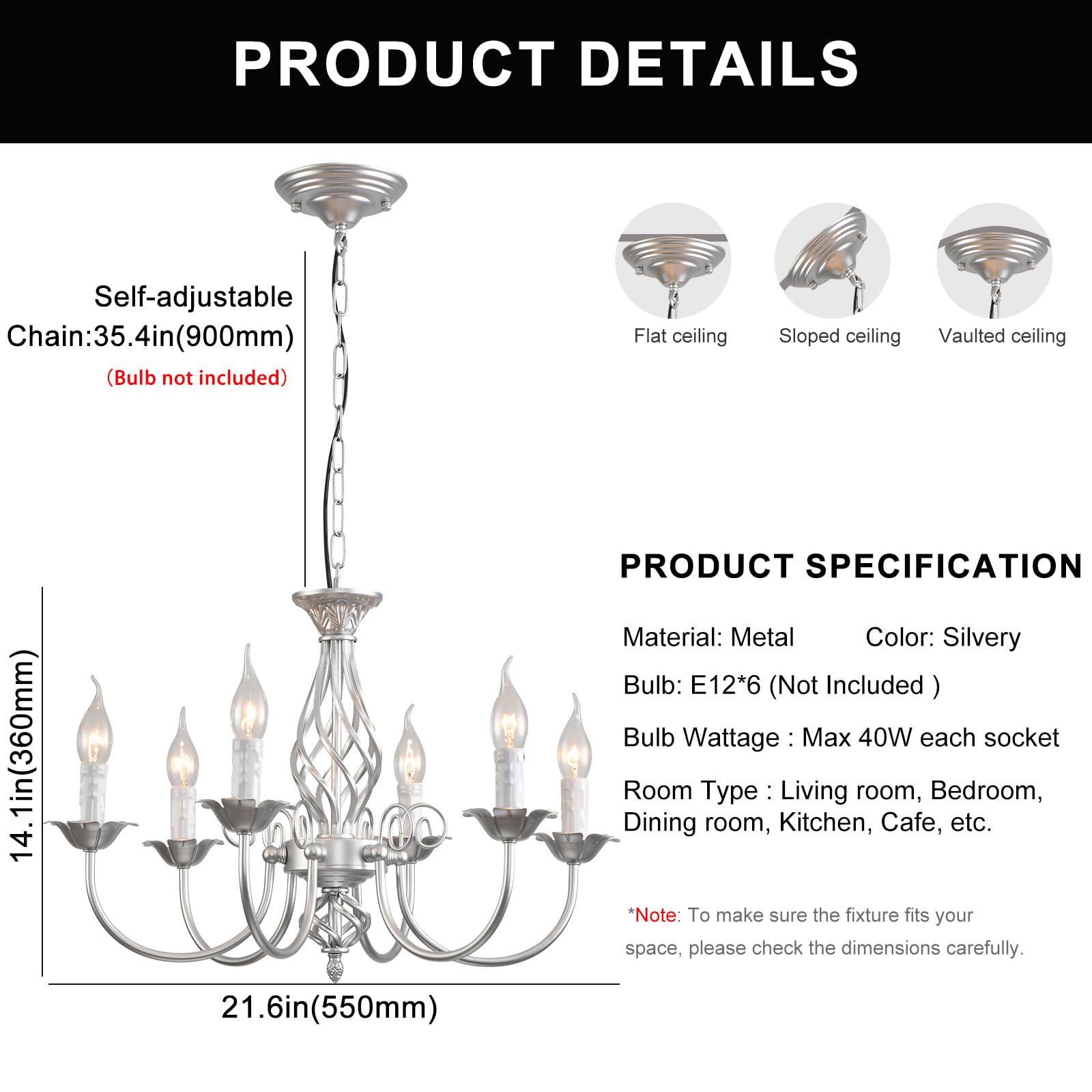 Jaycomey Sliver Farmhouse Candle Chandelier, 6-Light Rustic Industrial Pendant Ceiling Light Fixture, Ceiling Hanging Lamp For H