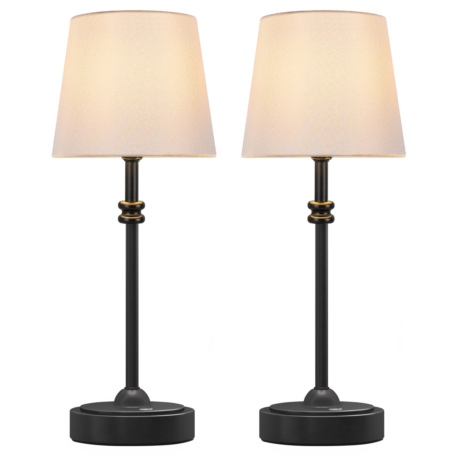 ONEWISH Cordless Table Lamps Set of 2 - Battery Powered, Stepless Dimmable, Fabric Shade, Rechargeable, Black, Model 13TAB125