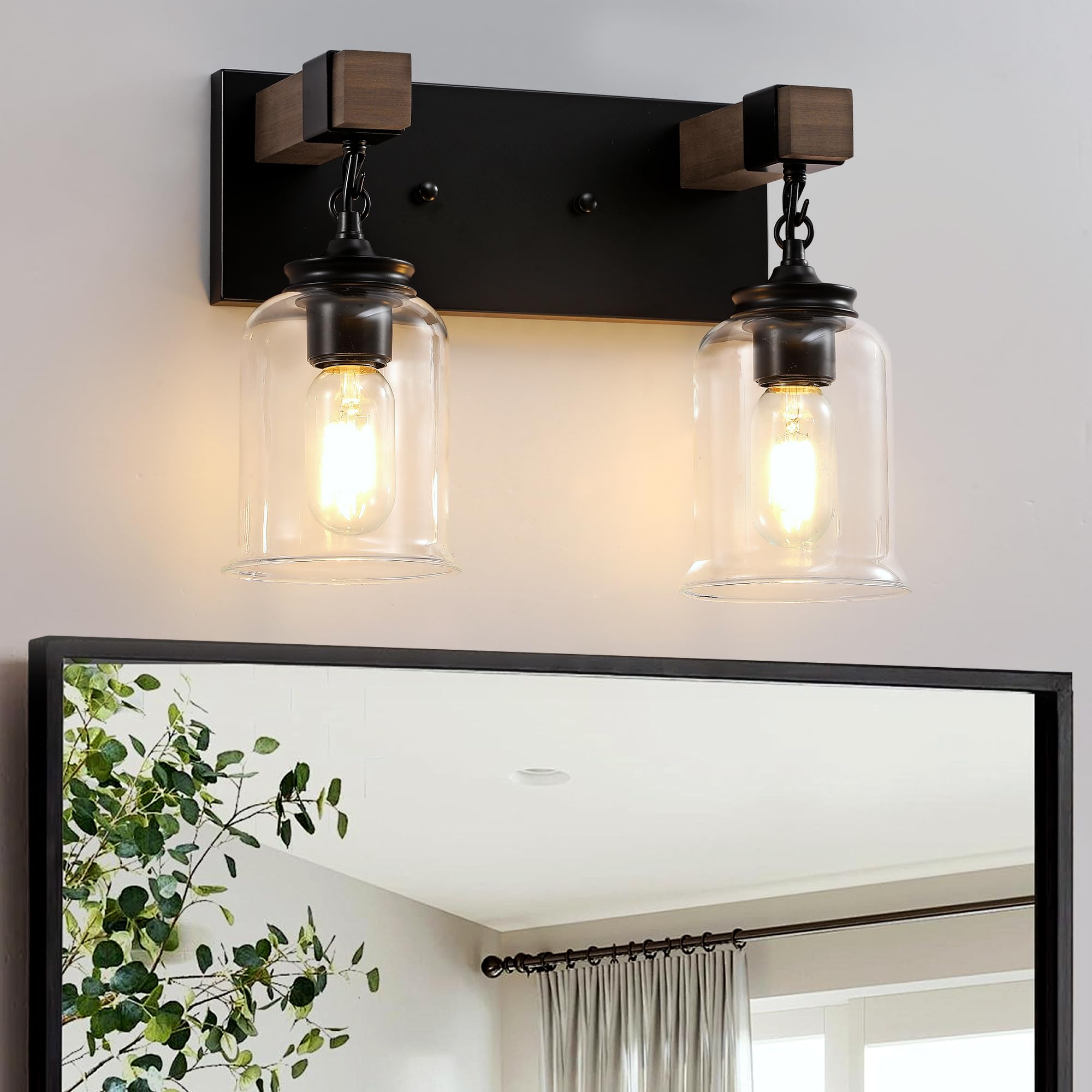 Farmhouse Bathroom Light Fixtures, 2 Light Matte Black Bathroom Vanity Light, Industrial Style with Clear Glass Shades, Lighting