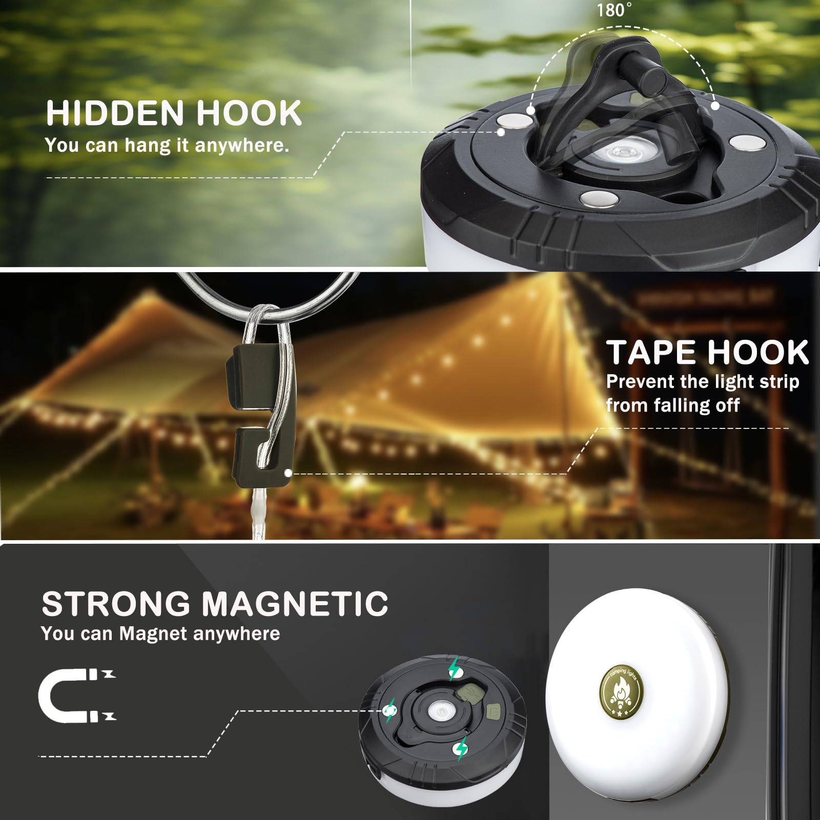 Sutaig Camping String Lights, 4 in 1 Lantern, 8 Lighting Modes, Waterproof, Type-C Fast Charging, 32.8Ft, Black, Model SSDC-Multicolor