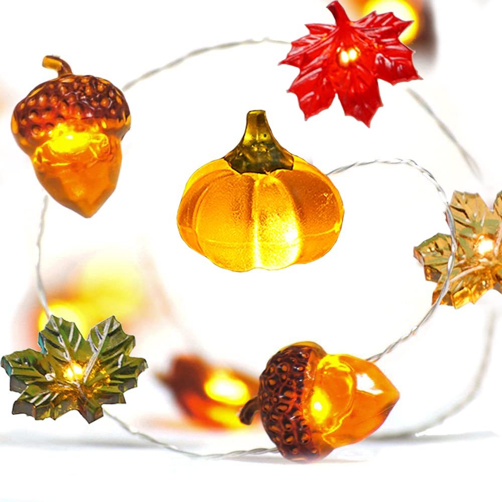 Bohon Thanksgiving Decoration Acorn 3D Pumpkin Maple Leaf String Lights Battery Operated With Remote 10Ft 30 Leds Orange Fall Lights For Home Autumn Garland Harvest Halloween Party Christmas Decor