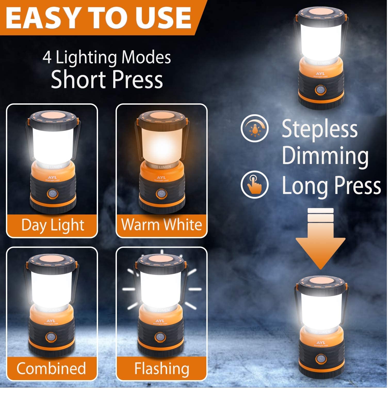 AYL LED Camping Lantern 1800 Lumens, Rechargeable, IP44 Waterproof, Black and Orange, Model SLR10002Pack, 2 Pack