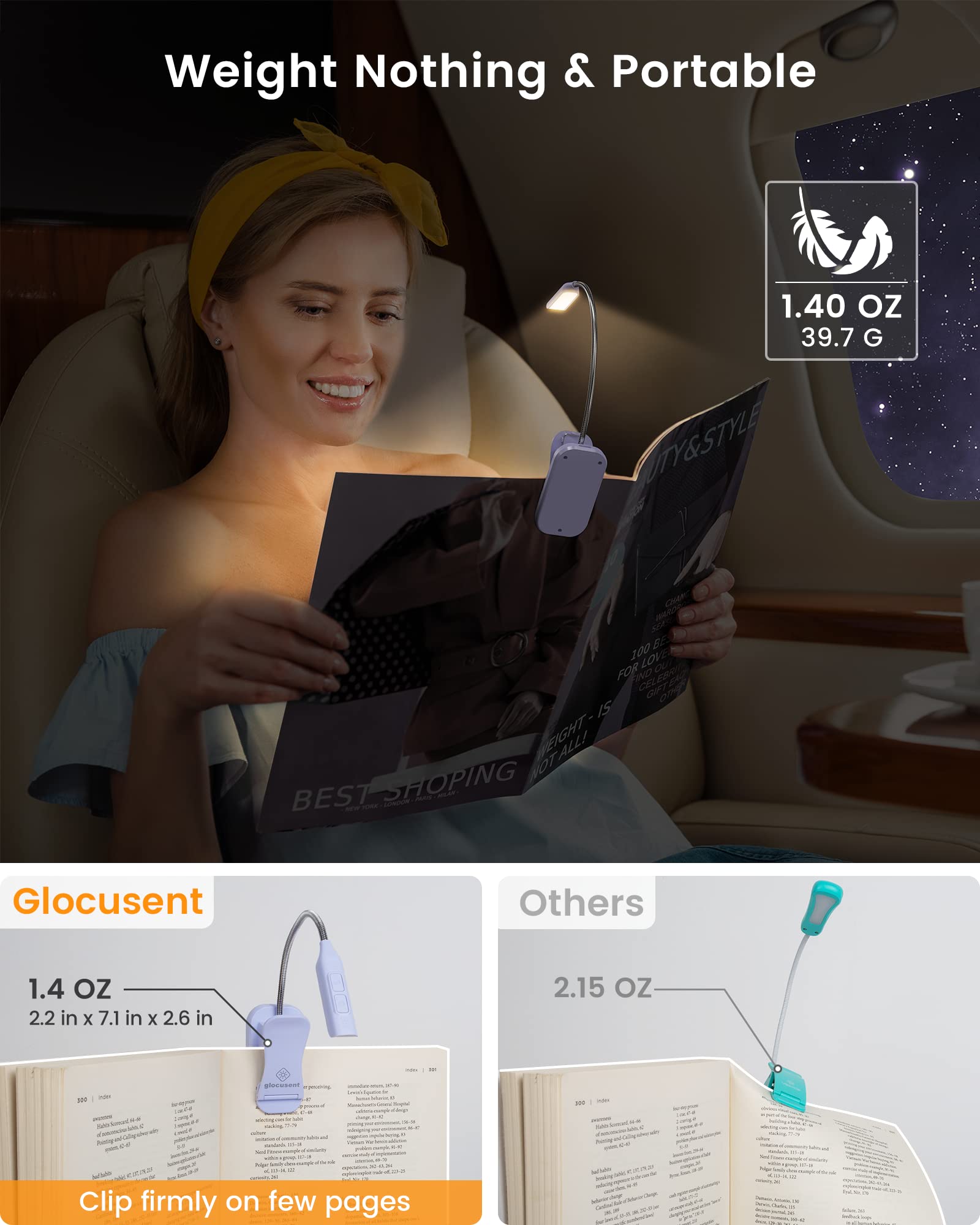 Glocusent Willow Book Light For Reading In Bed, 10Led Bright Reading Light, 3 Colors & 3 Brightness, Rechargeable ,Lasts For 80Hr, Lightweight Clip On Book Light, Perfect For Book Lovers