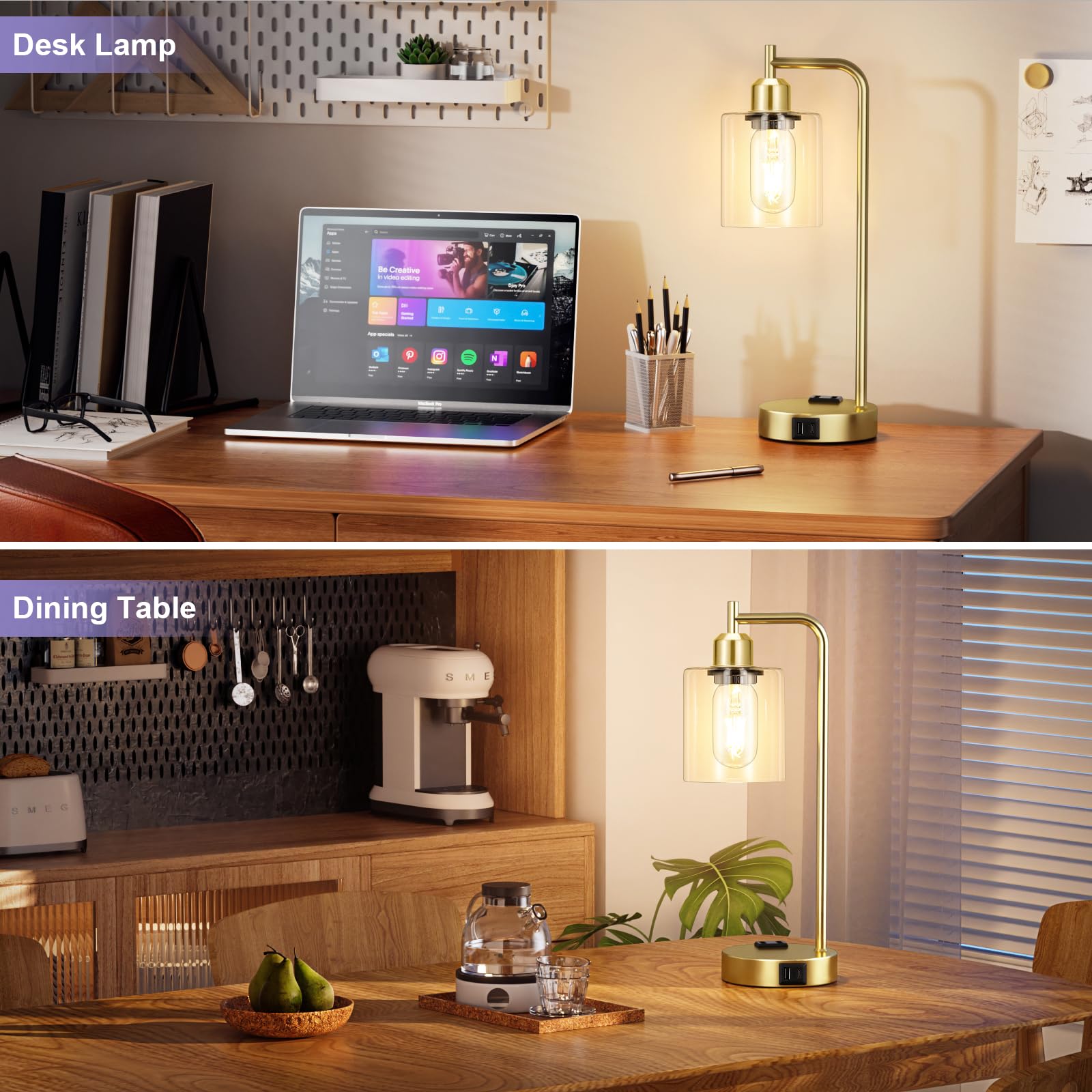 Innqoo Industrial Gold Table Lamps For Bedrooms Set Of 2-3-Way Dimmable Desk Lamp With Usb C+A Ports And Outlet, Gold Lamps With Clear Glass Shade For Living Room, Desk Lamps For Home Office