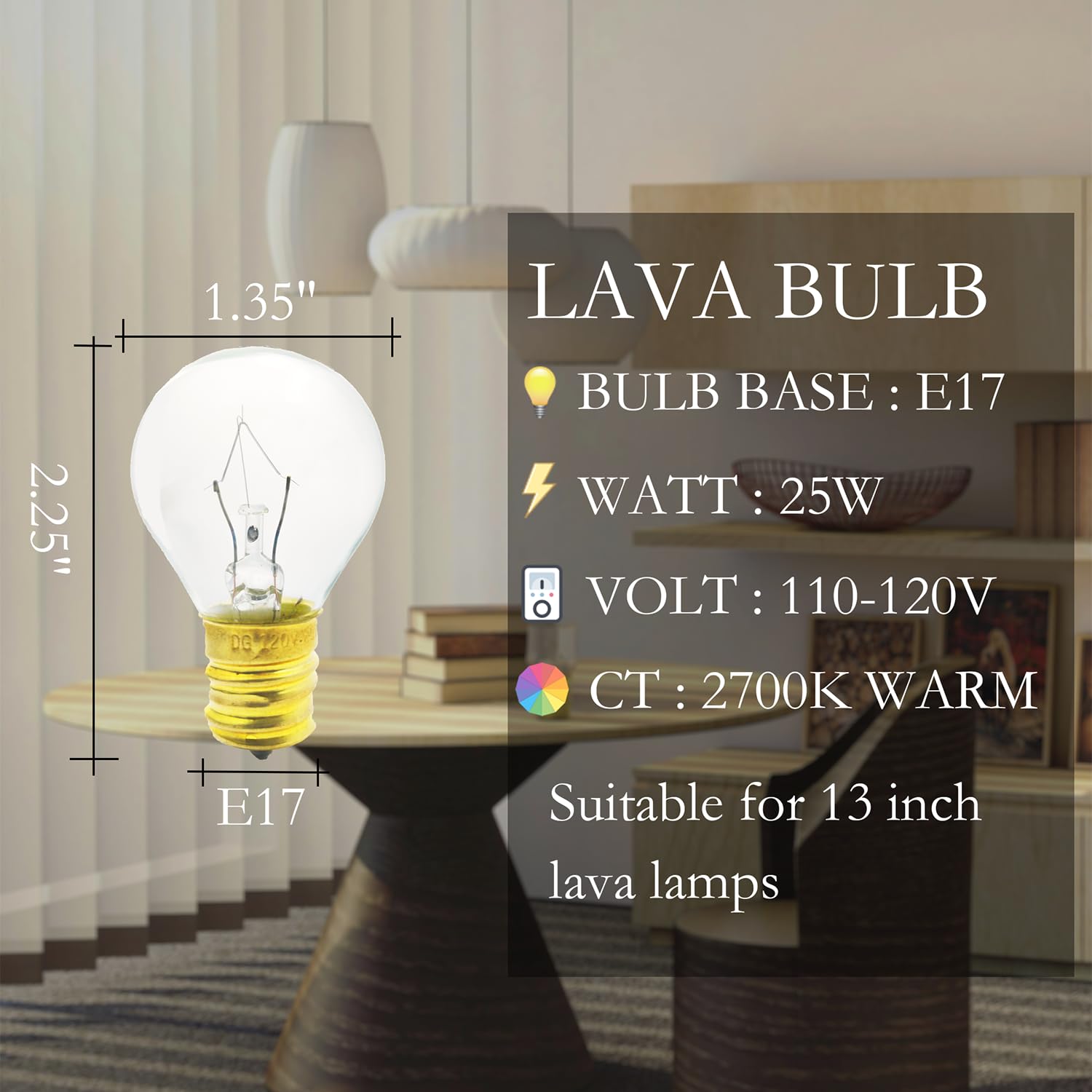 Generic 25W Lava Lamp Bulb Replacement S11 E17 for 13-Inch Lava Lamps - Clear, 2-Pack, 120V E17 Base Bulbs