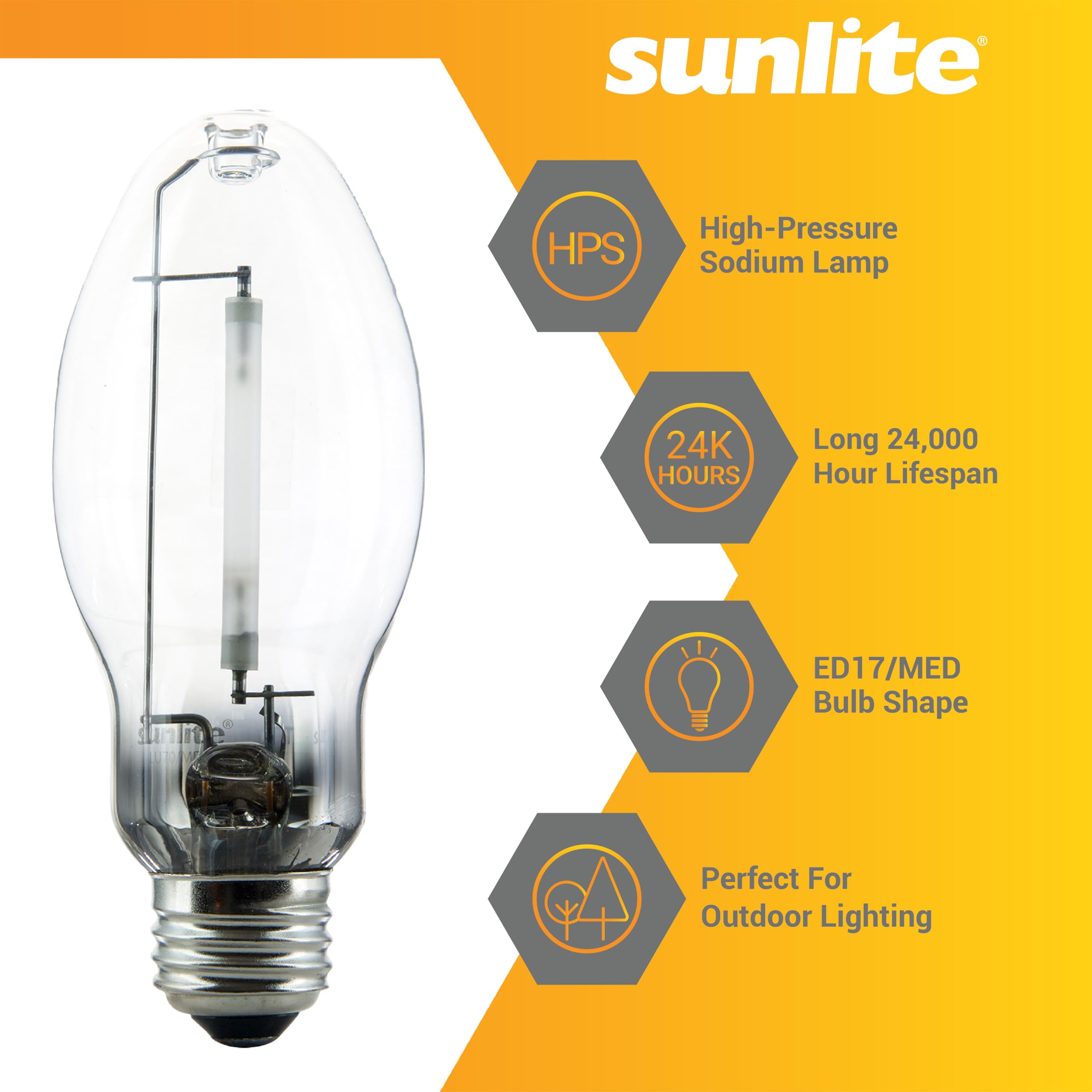 Sunlite 03610 Lu70/Med High Pressure Sodium Light Bulb, 70 Watts, Ed17/Med, Medium Base (E26), Ansi Code S62, 6000 Lumen, 24000