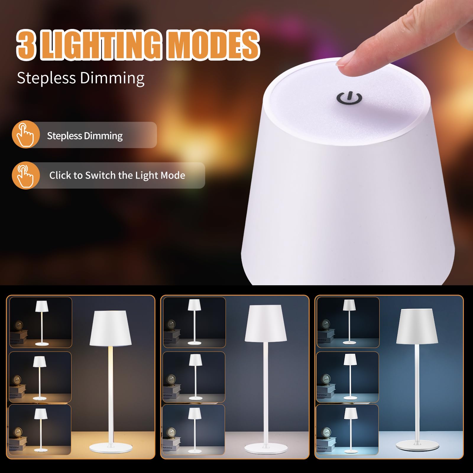 IMQSQIK Cordless Table Lamp, USB Rechargeable, Touch Control, 4600 mAh Battery, Aluminum, White, Model Ue566