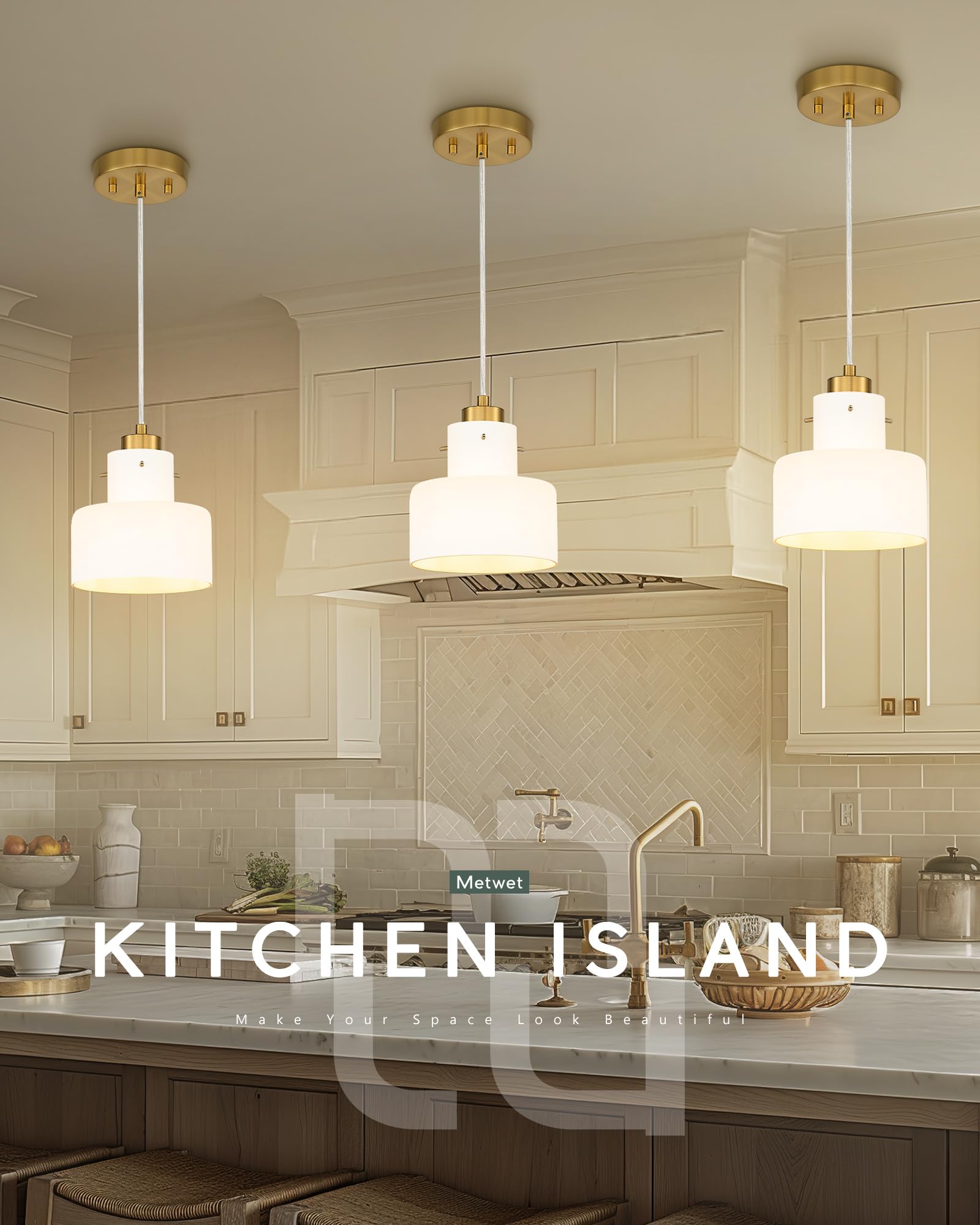 Metwet Pendant Lights Kitchen Island, 6'' Brushed Gold Pendant Light Fixtures Over Island With Milk White Glass Shade, Modern Br