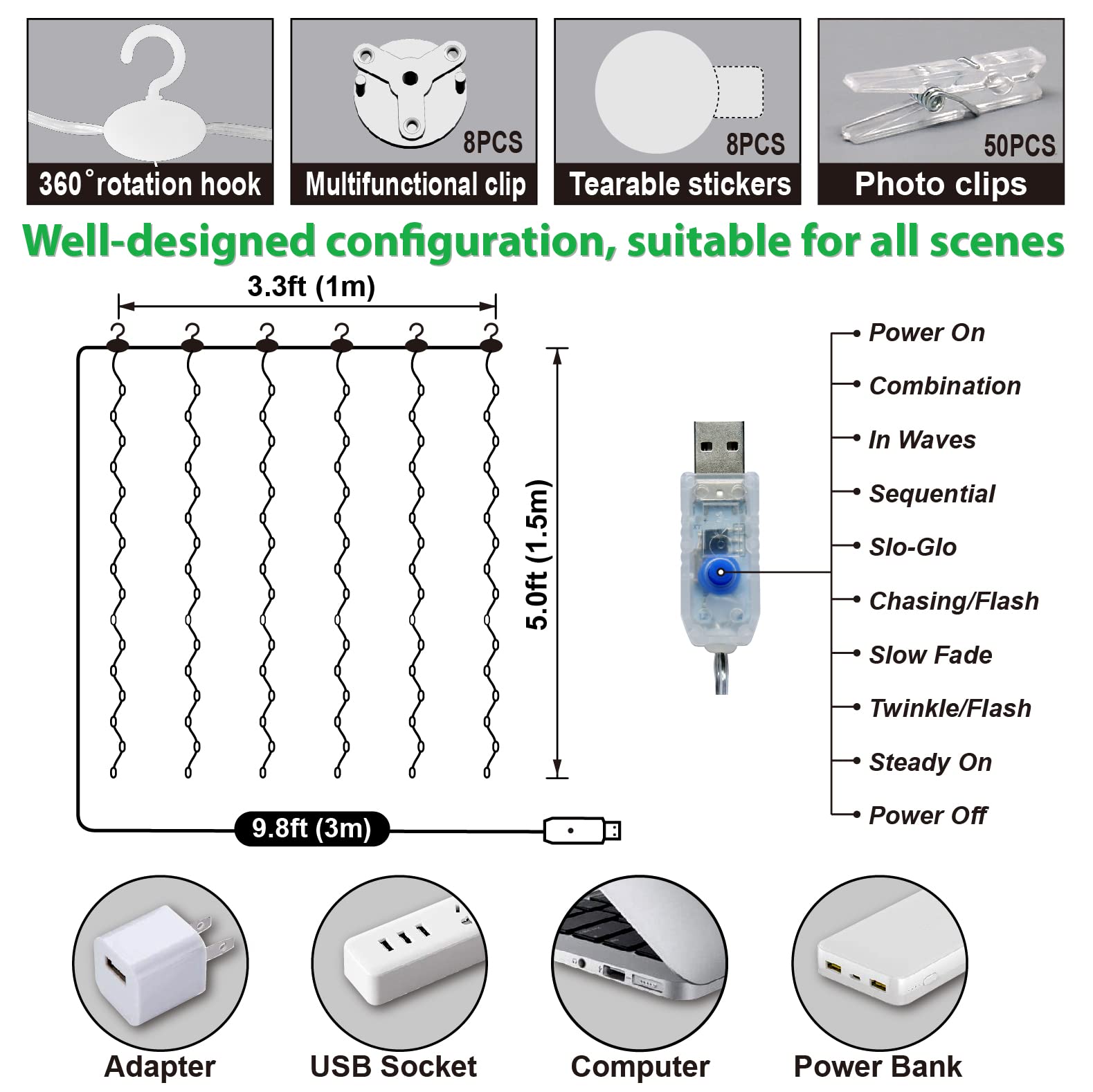 Zsjwl 3.3×5Ft Short Curtain Lights With 8 Hook For Small Windows, 96 Led White Photo Clips String Light With 52 Clear Clips, Remote Control 8 Modes Usb Plug Fairy Lights For Bedroom, Party, Wall