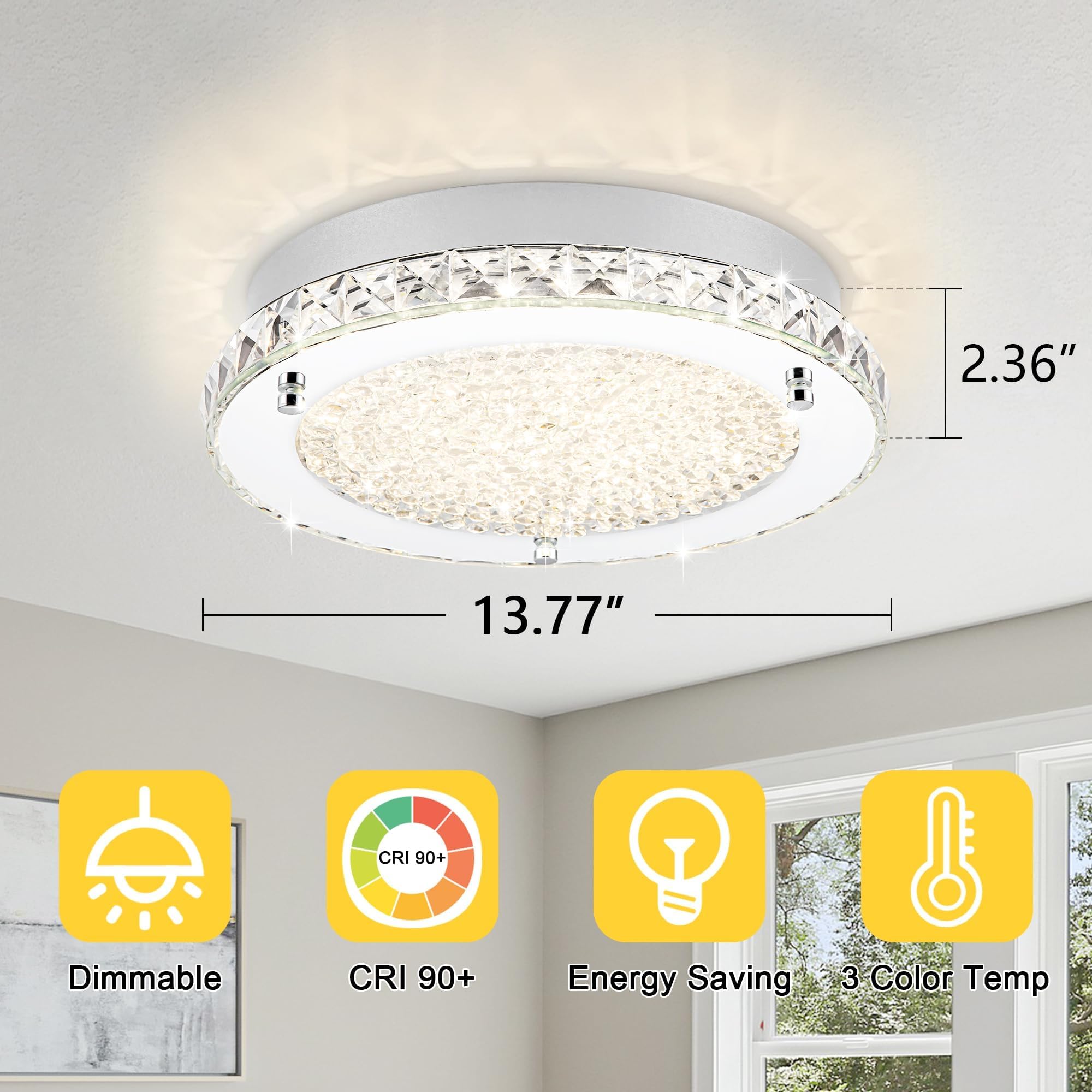 Lzawvm 13&quot; Flush Mount Crystal Ceiling Light - Led 3-Color Change For Modern Hallway & Living Room