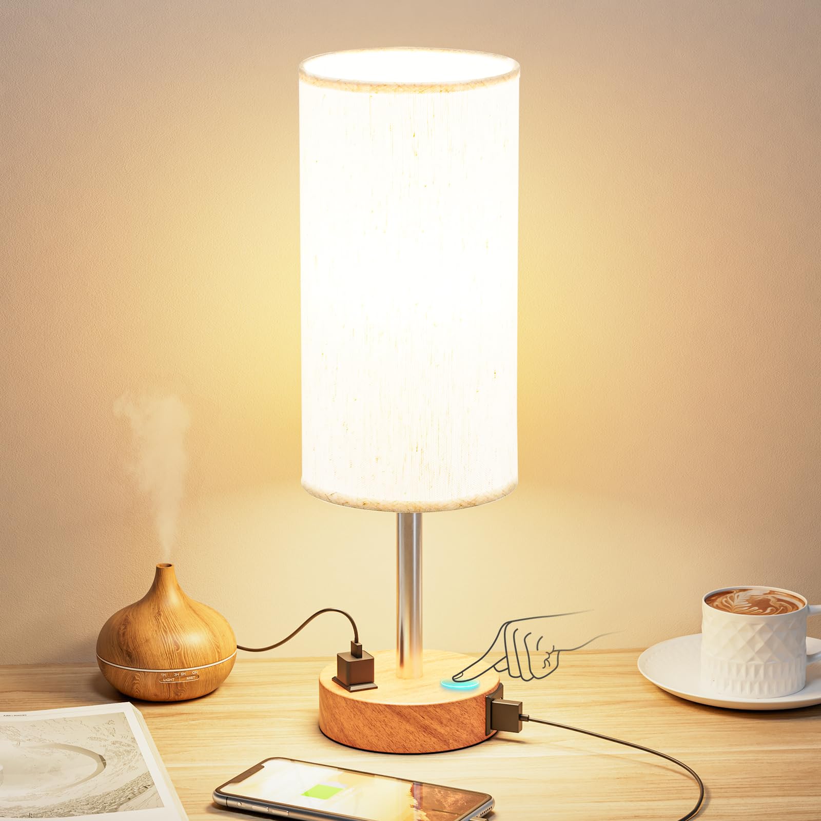 Fenmzee Bedside Table Lamp - 3 Way Dimmable Touch Control, USB C Charging, Wood Base, Cream Shade, 14in Touch Control, Model jijianyuan12-1