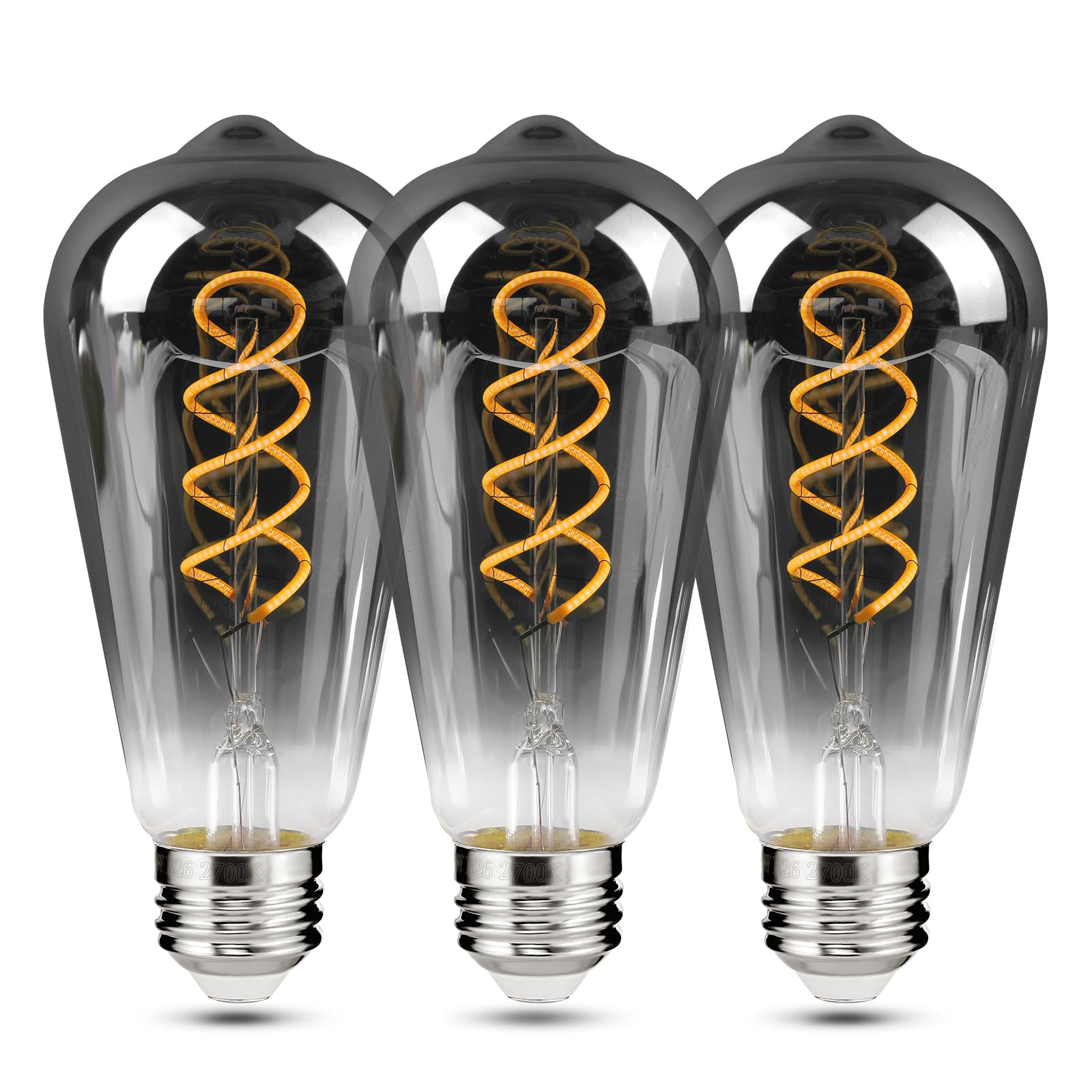 Decoaui E26 St64 Vintage Edison Light Bulbs  Smoky Grey Coated Glass  Dimmable  4W(20W Equivalent) 200 Lumin  2700K Soft White  Spiral Filaments Design  Antique Style  25000 Hrs  3-Pack