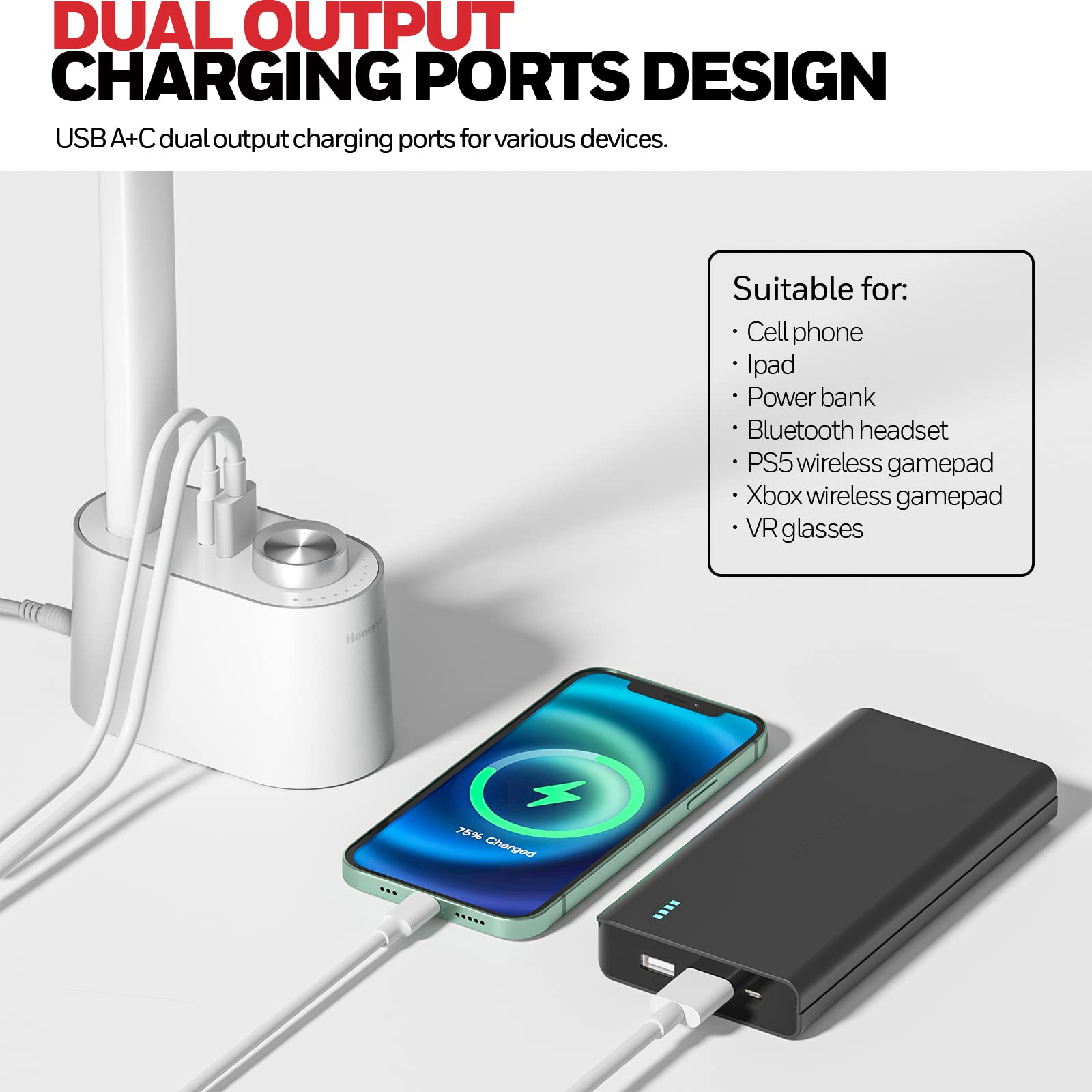 Honeywell LED Desk Lamp HWT-H01, Stepless Dimmable, Eye Caring, USB Charging Ports, Foldable, White