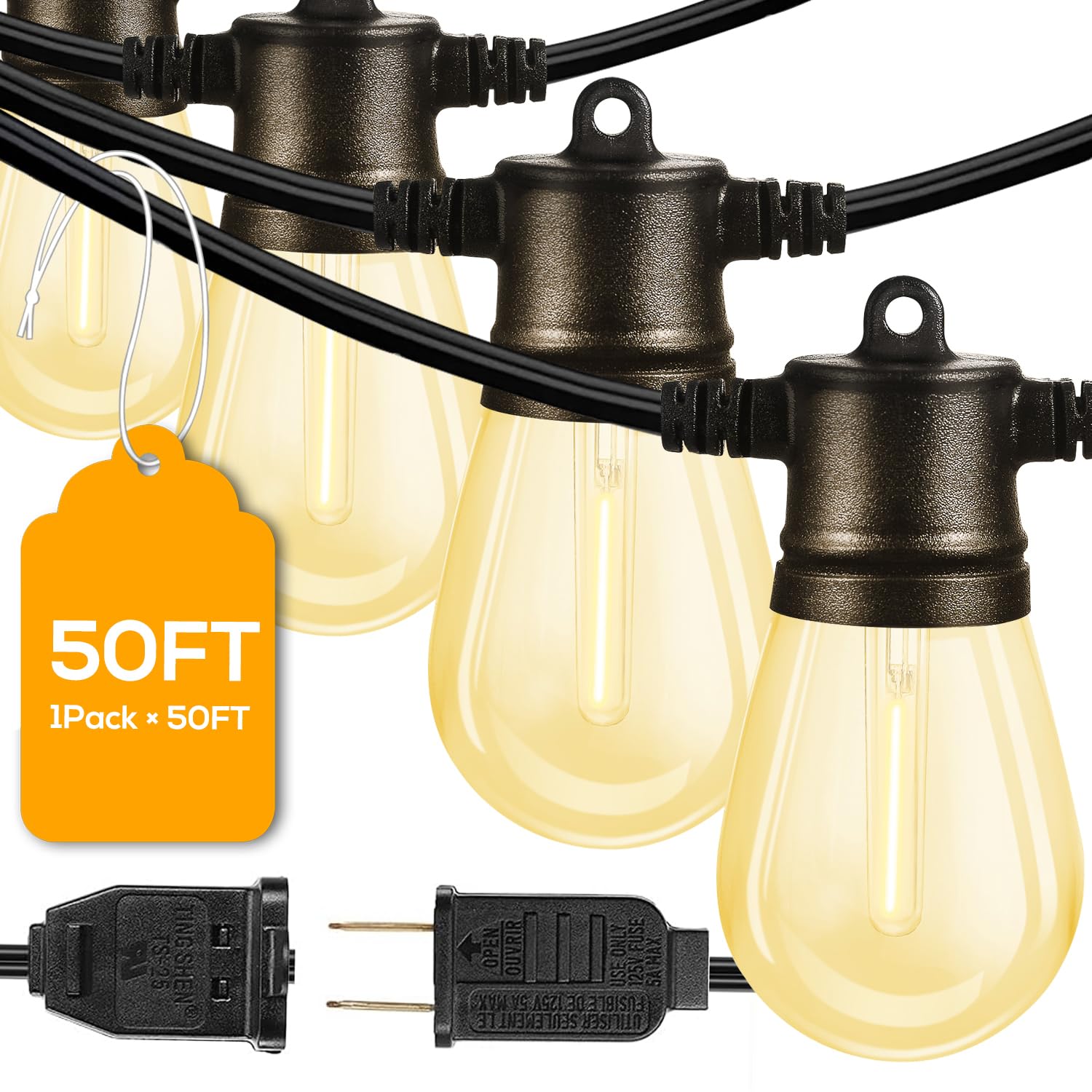 FMART LED Outdoor String Lights, 50FT, Dimmable, Black, 15 Sockets, Shatterproof Edison Bulbs, Model SC-SPSL-12V-24W-IP