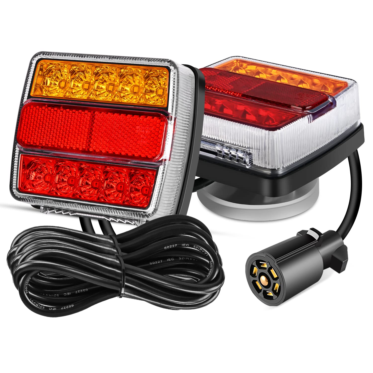 Nilight Magnetic Led Trailer Towing Light Kit 24Ft Cable With 7 Pin Plug Tail Stop Amber Turn Signal License Plate Light On 12V Rv Pickup Trucks Marine Boats Trailers, 5 Wire System