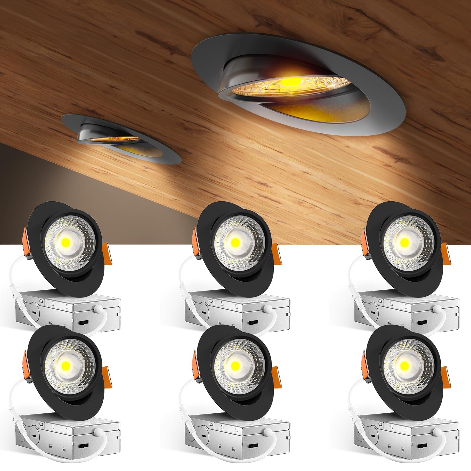 Amico 6 Pack 4 Inch 5Cct Gimbal Led Recessed Lighting  360&90Adjustable Eyeball Directional Downlight  Dimmable  2700K/3000K/3500K/4000K/5000K Selectable  9W 700Lm Cri90+  Black  Etl&Fcc