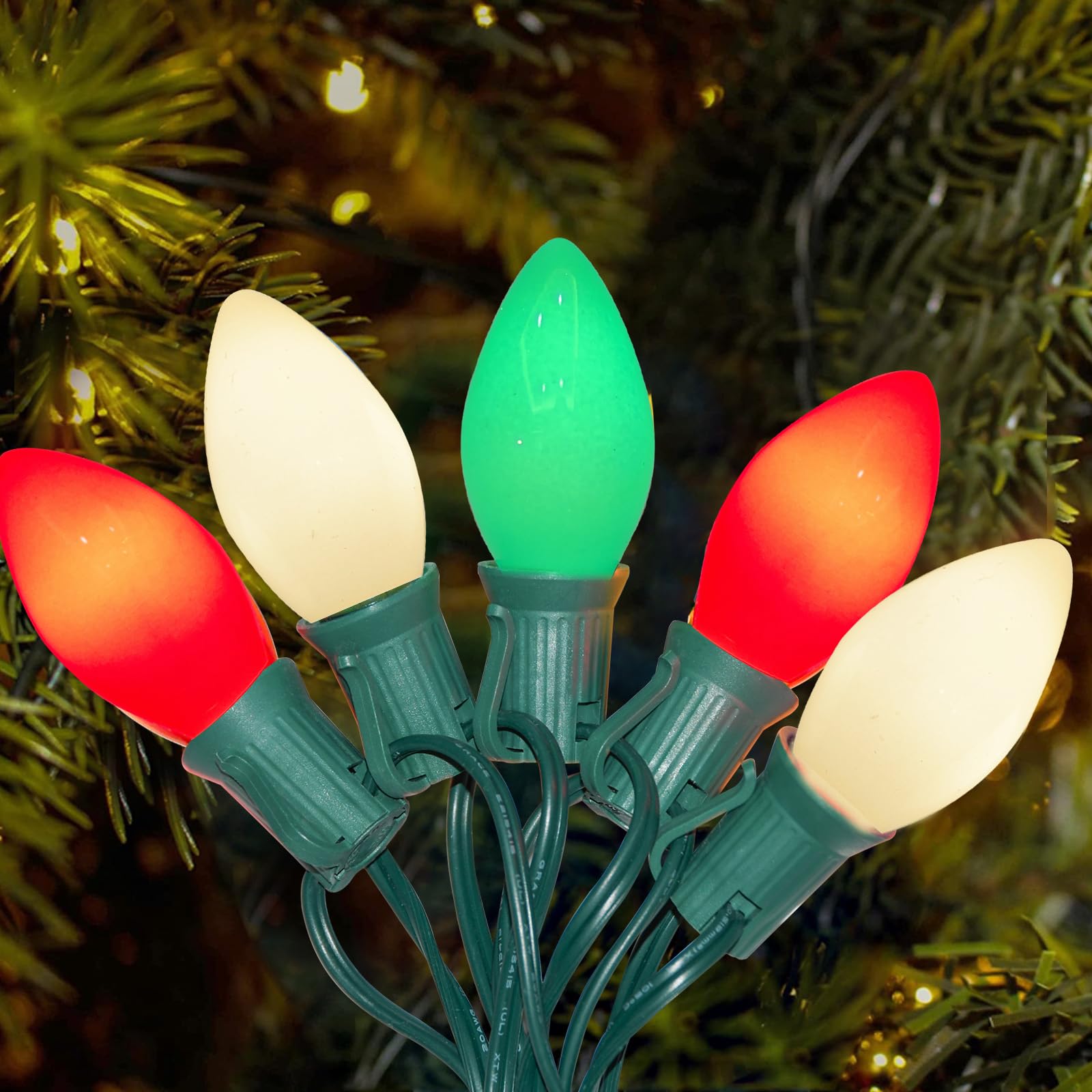 25Ft C7 LED Christmas Multicolor String Lights with 27 Red Green White LED Bulbs, Outdoor Hanging Vintage Christmas Lights Water