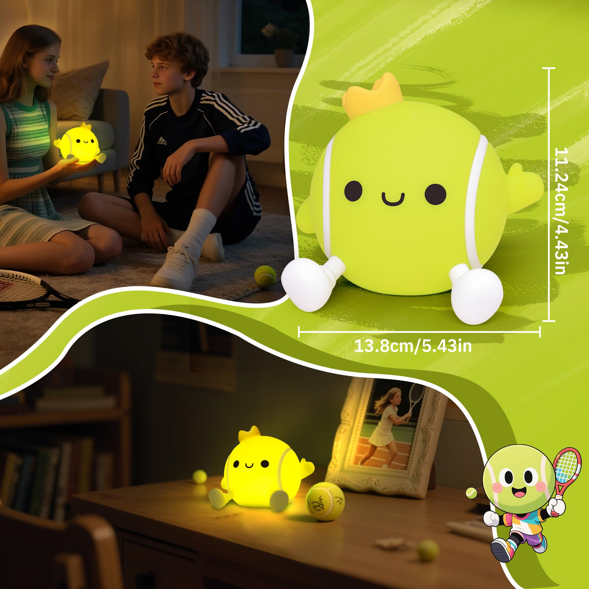Attivolife Tennis Night Light - Rechargeable LED Touch Lamp, Green Tennis, Silicone, Model FS-FULE01, Perfect Gift for Kids and Athletes