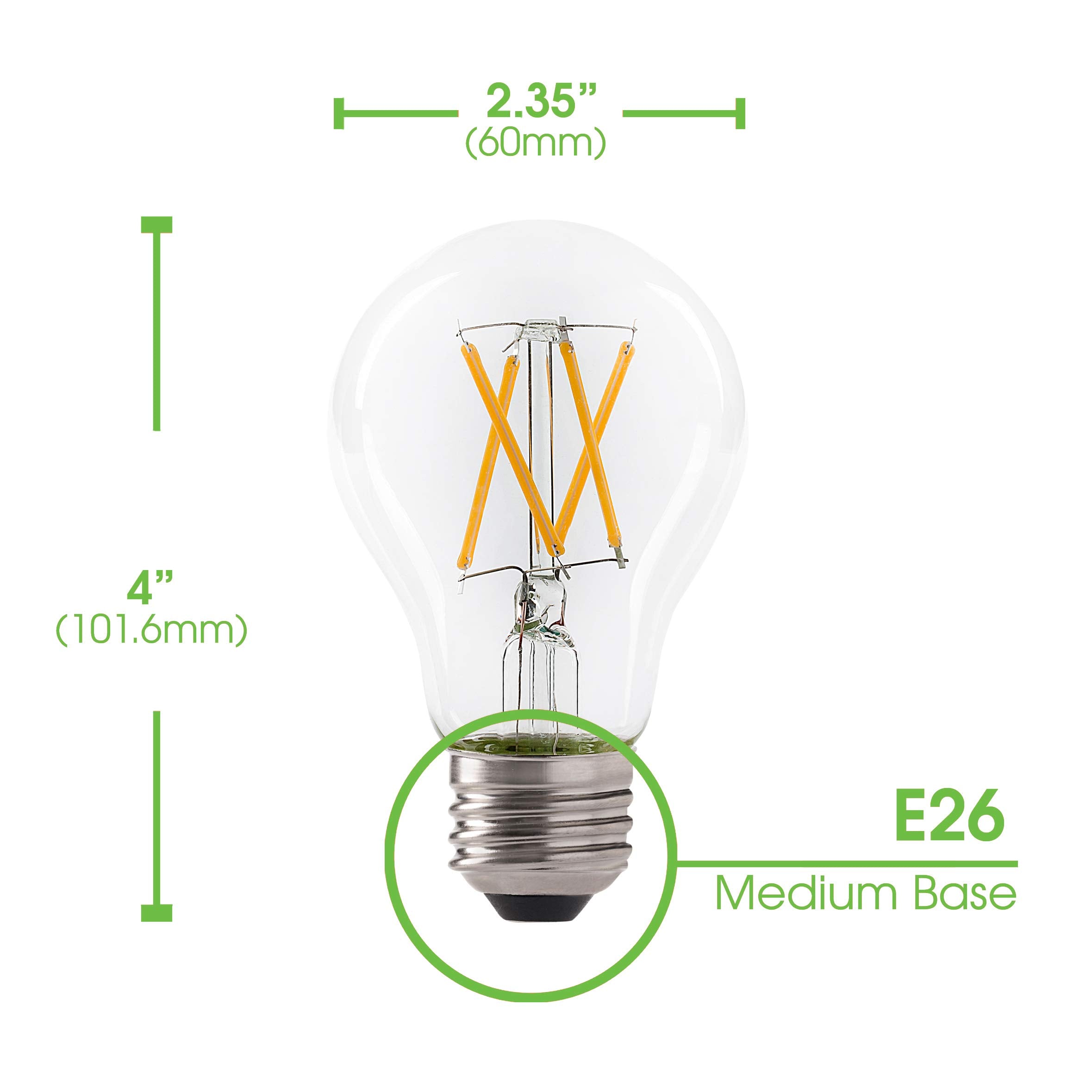 Greenlite LED A19 Filament Clear Light Bulb, 7W, 800 Lumens, Dimmable, 2700K Soft White, E26 Base, 4 Pack, Energy