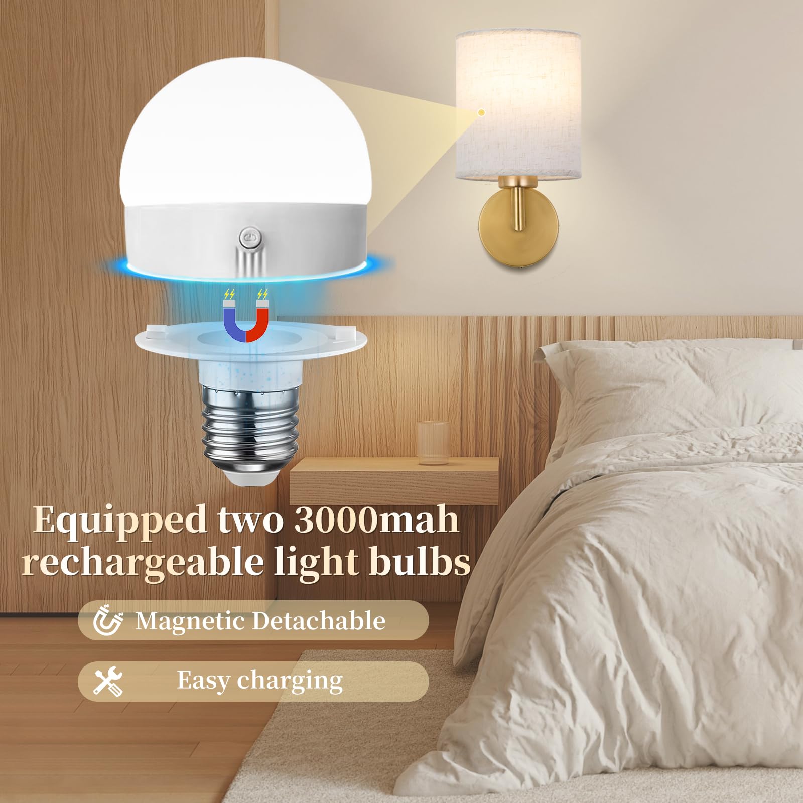 Battery Operated Wall Sconce Set of 2,Rechargeable Wall Lights with Remote Control,Wireless Wall Sconces with 3000mAh Detachable