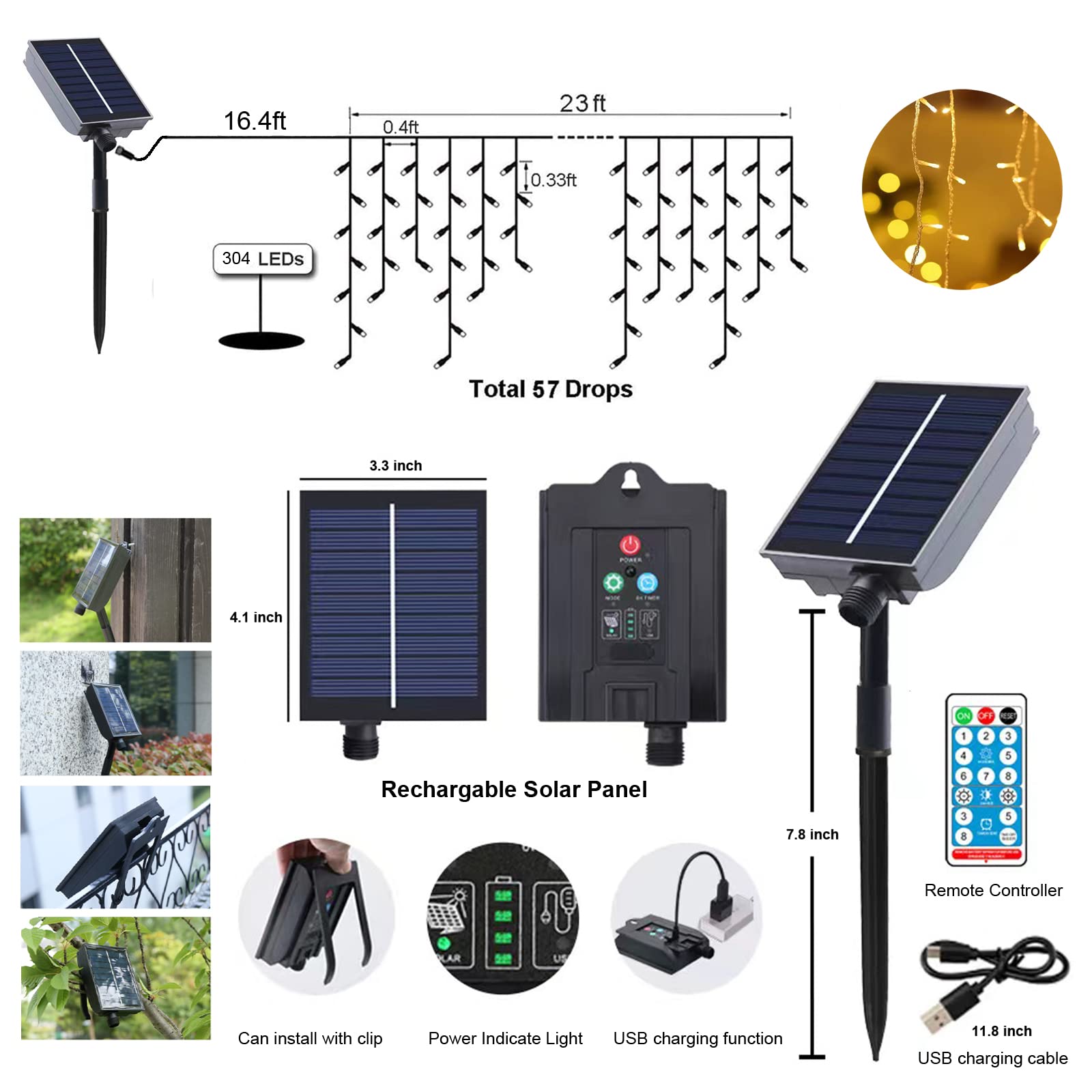 Upgraded Solar Christmas Icicle Lights,304 Led Outdoor Christmas Decorations 8 Modes Waterproof Solar Icicle Lights For Patio Ya