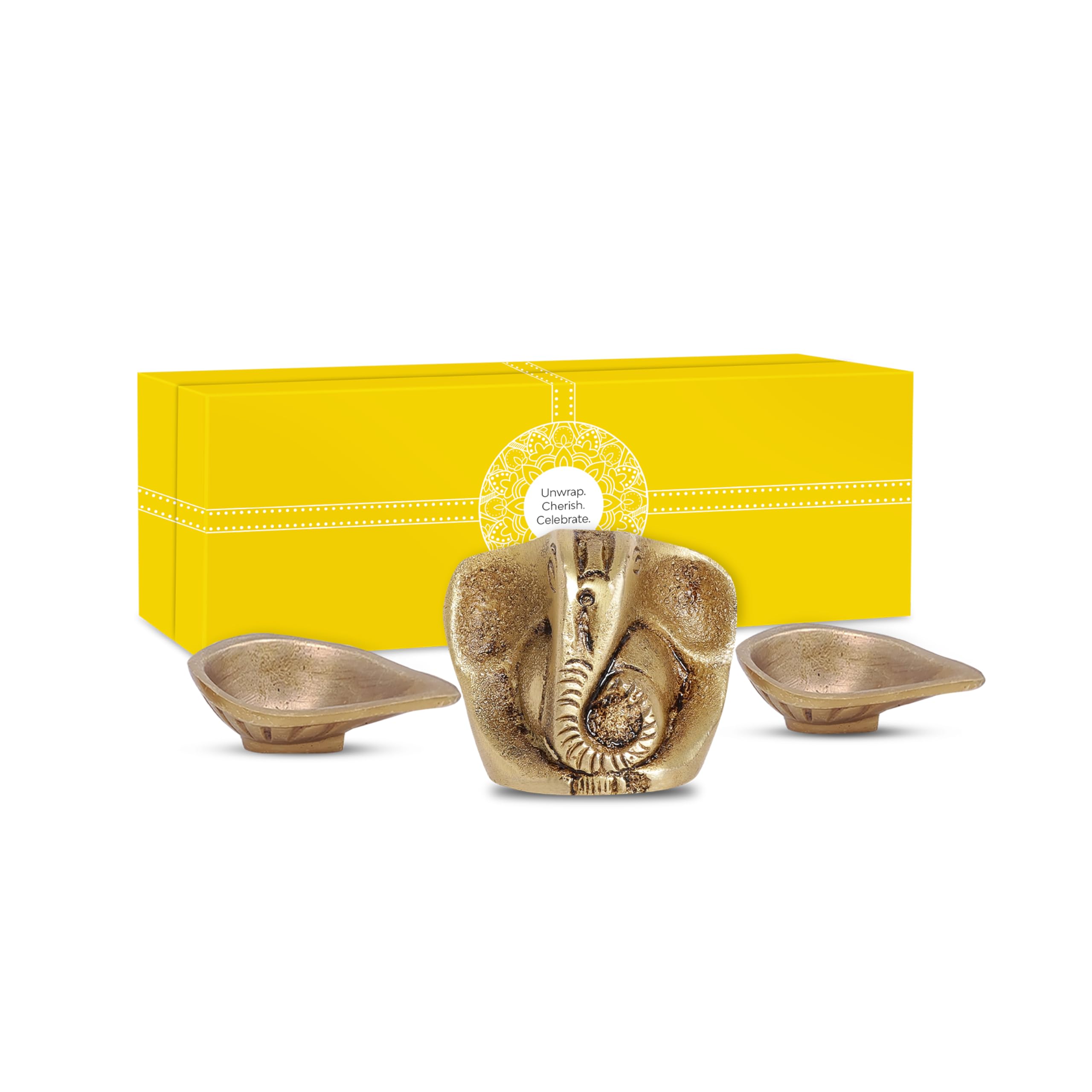 10Club Lord Ganesha Idol and Brass Lamps - 3Pcs(380 Grams) - 100% Pure Brass | Baby Ganesh Unique Design and Diyas for Home Deco