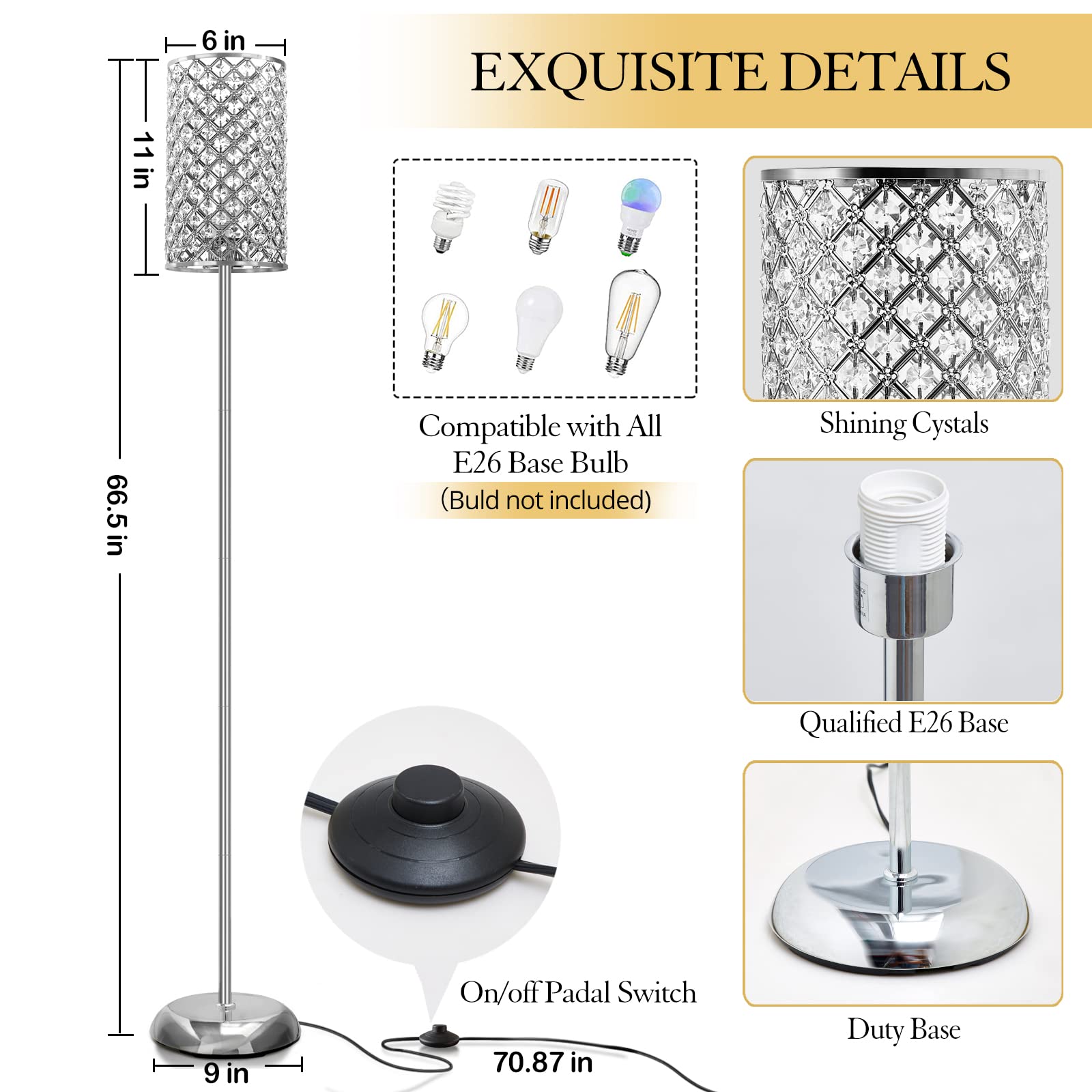 GyroVu Elegant Silver Metal Floor Lamp, 66.5" Tall with On/Off Foot Switch, Modern Accent Light for Living Room, Bedroom, Office