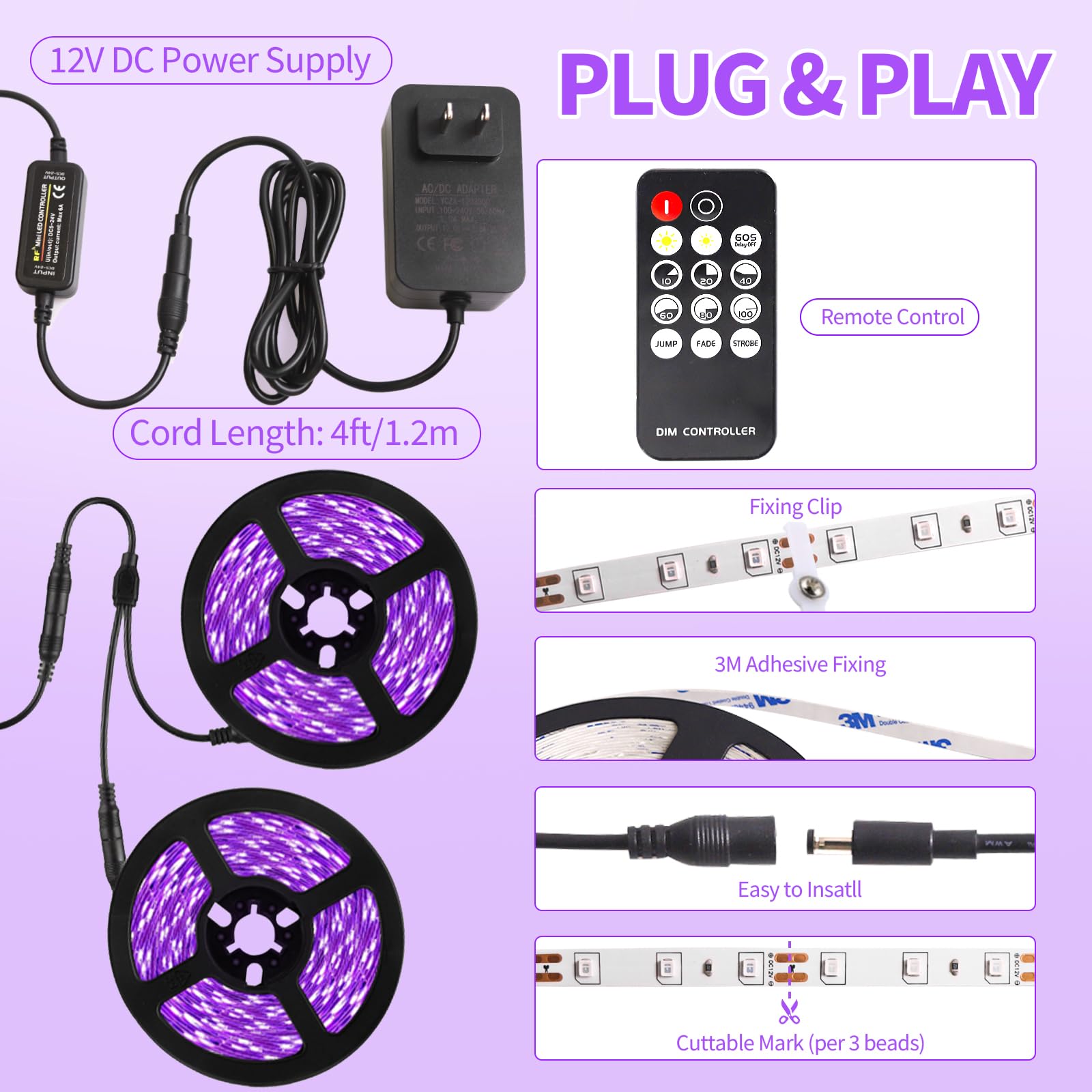 Shgpoda 50 Foot Black Light Strip & Remote  900Leds  Dimmable 12V Flexible Black Lights For Glow Party  Bedroom  Hallween  Fluorescent Tapestry Poster  3 Light Modes  Non-Waterproof