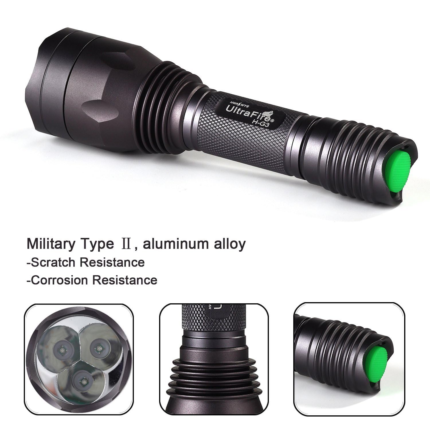 Ultrafire Green Hunting Flashlight, 650 Lumens, Single Mode, 520-535 Nm Wavelength 256 Yards,Tactical Led Night Hunting Light Fo