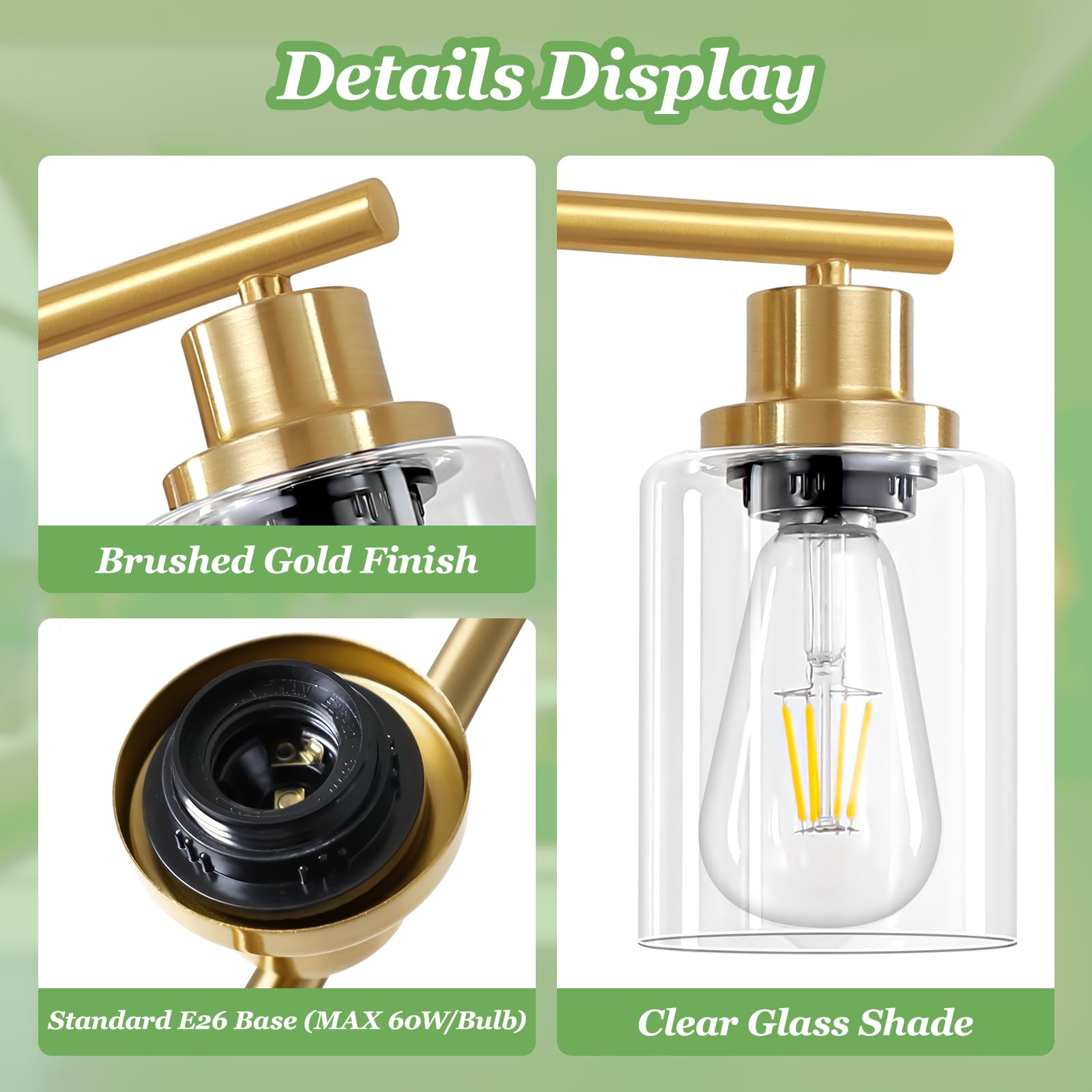 Guliaofo 3-Light Brushed Gold Bathroom Vanity Light Fixture, Clear Glass Shade, Model Gu-111-QGJ-3