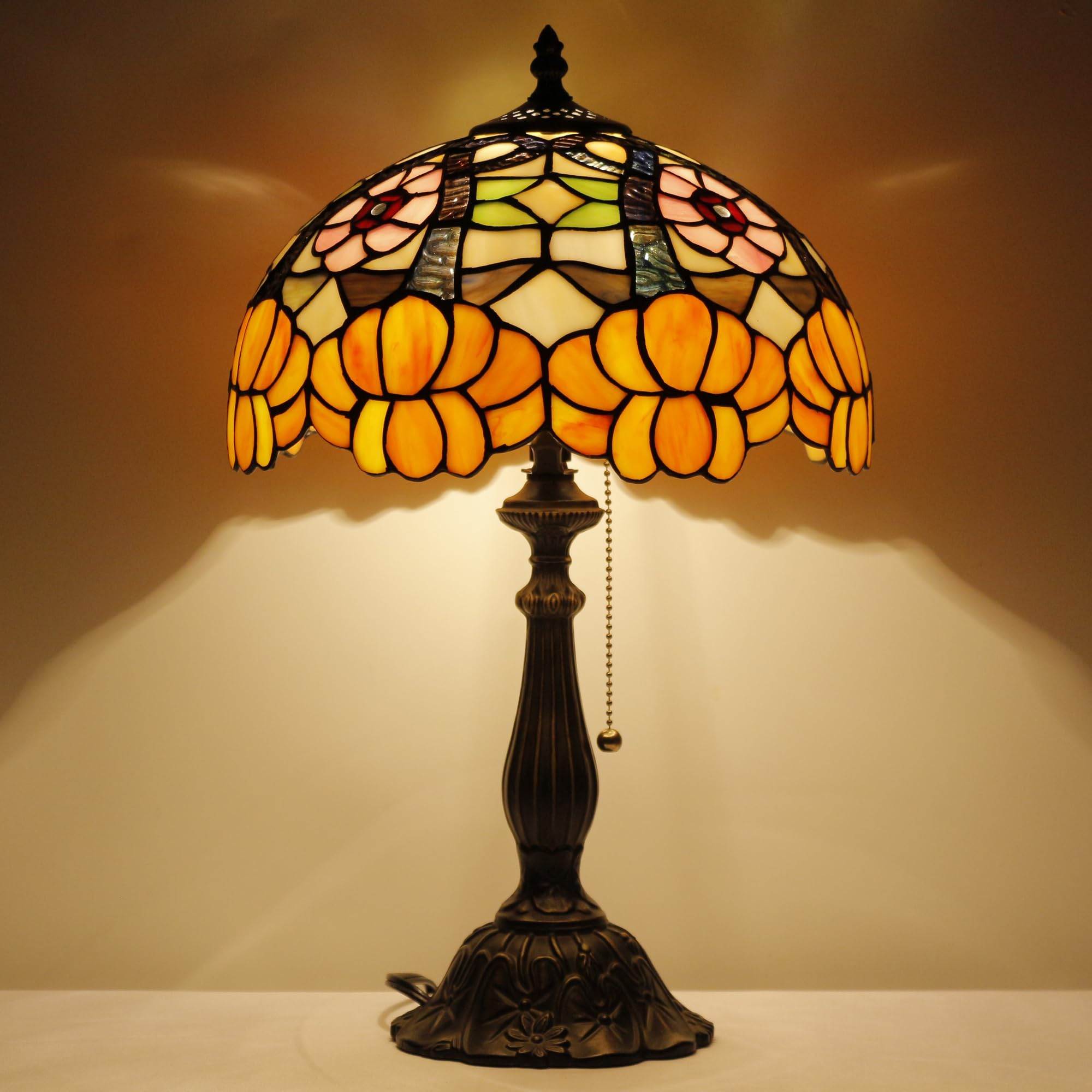 AVIVADIRECT Tiffany Lamp Stained Glass Orange Flower Style Table Lamp Desk Reading Light 12X12X19 Inches with Resin Base Decor B