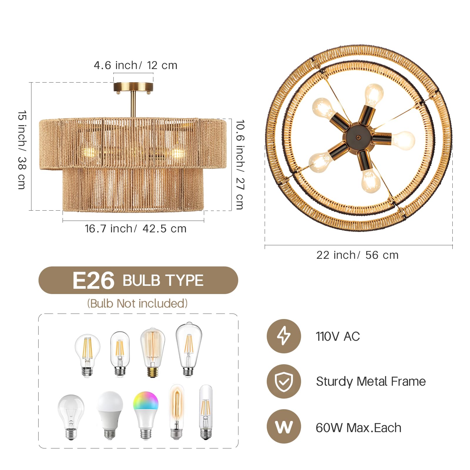 Clarsyne 22  Boho 2-Tier Rattan Ceiling Light Fixture  5-Light Flush Mount Woven Chandelier For Bedroom  Dining Room  Kitchen  Entryway  Living Room  Rustic Gold Lighting