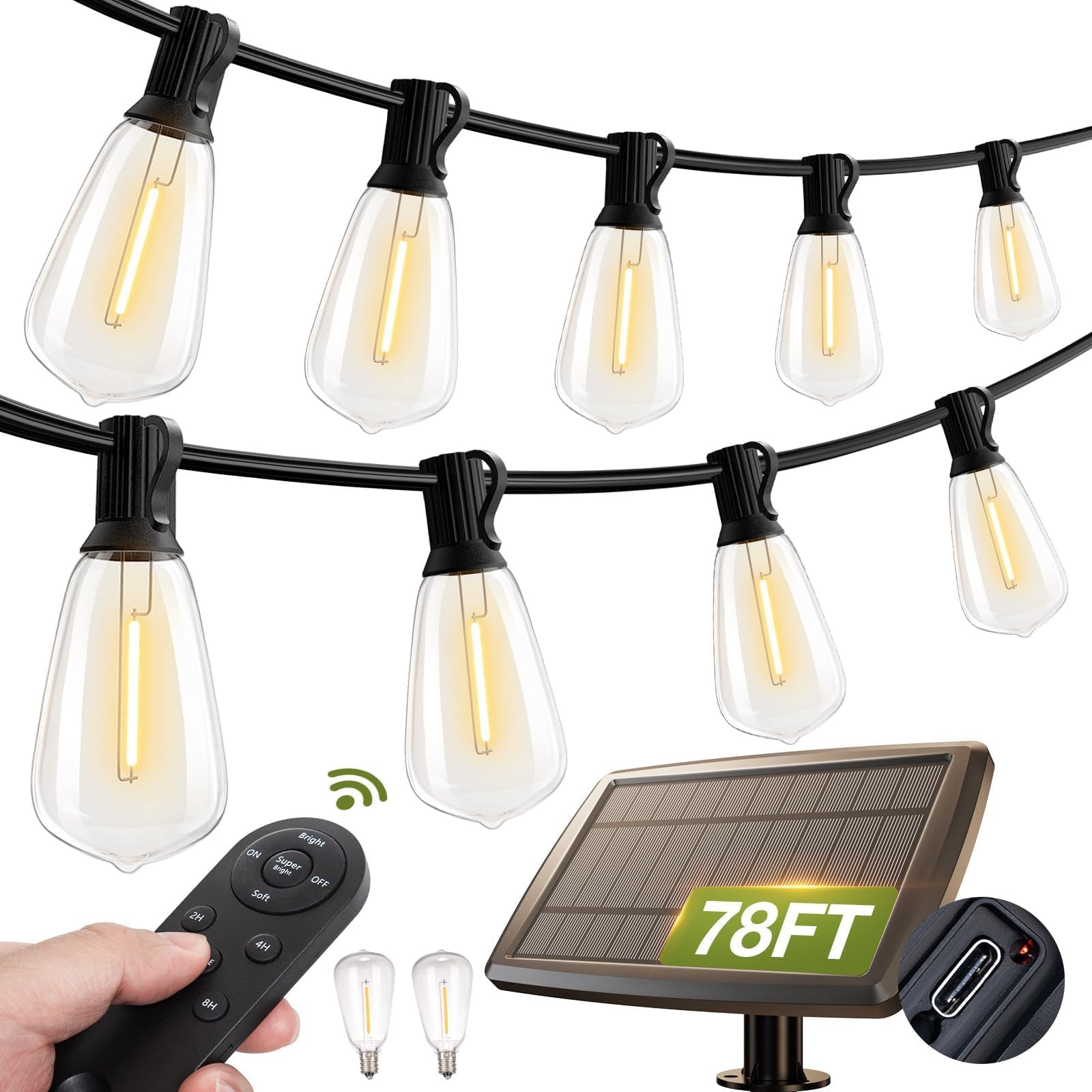 Addlon 78(72+6) Ft Solar String Lights Waterproof,Patio Lights Solar Powered With Remote & Usb Port 3 Lighting Modes 24+2 Led Sh