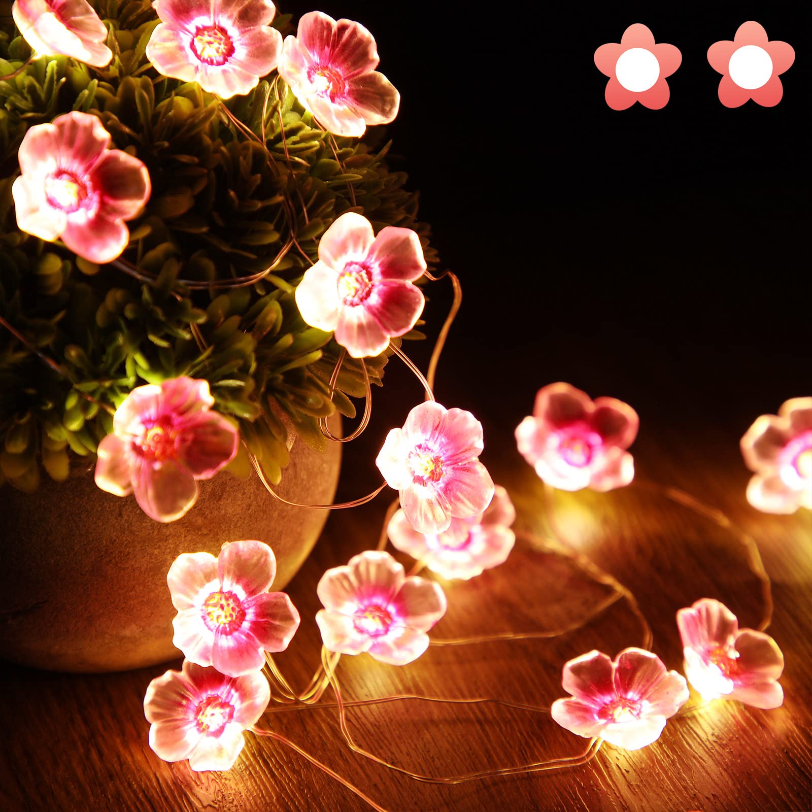 Mudder Cherry Blossom Flower String Lights, 40 LEDs, Pink, USB & Battery Operated, Indoor/Outdoor, Model: ad548026-5b67-45f2-b7ab-a