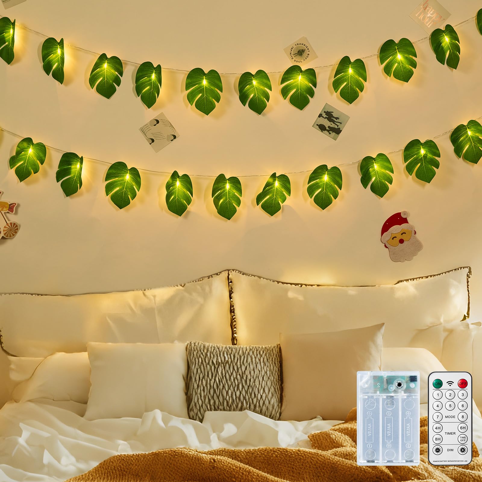Minetom Monstera Leaf String Lights - 20 LED Battery Operated Tropical Vine with Remote Control, Green Leaves for Summer Decoration