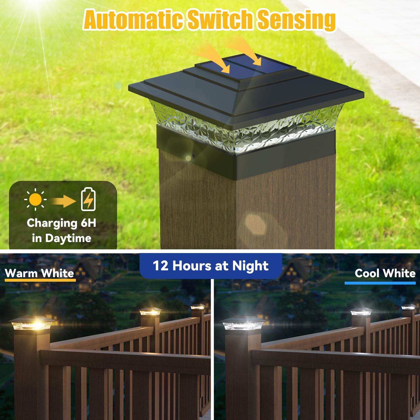 APONUO Solar Post Lights, 16 LEDs, 2 Lighting Modes, 6 Pack, Black, Waterproof for 4x4/5x5/6x6 Vinyl/Wooden Posts