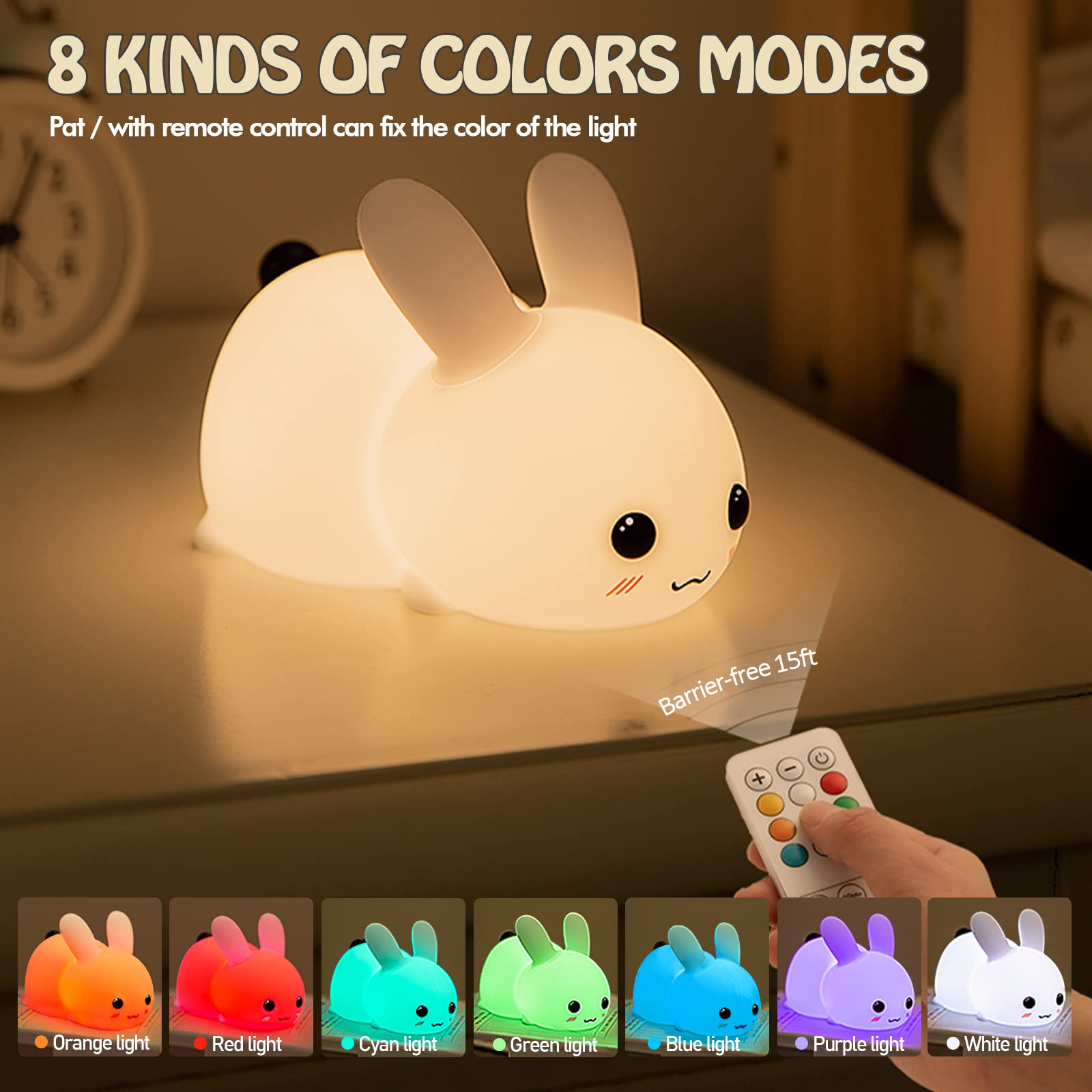 Qanyi Kawaii Bunny Night Lights For Kids, 7 Color Light Silicone For Baby Nursery, Portable Usb Rechargeable Bedside Lamp For To