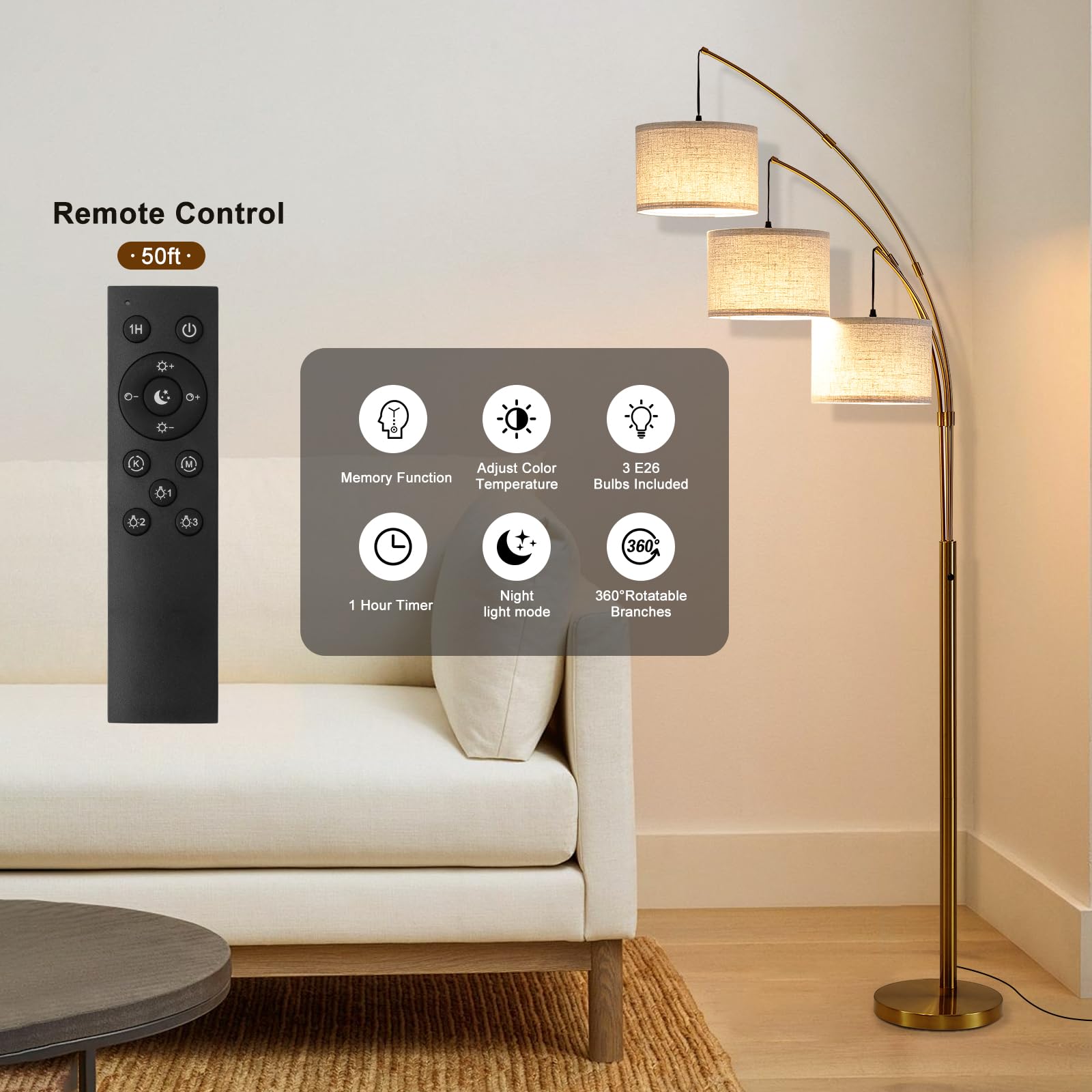 Fansdrick Gold Floor Lamps for Living Room, Super Bright Arc Floor Lamp with Remote Control, 3 Light Tall Floor Lamps with Stepl