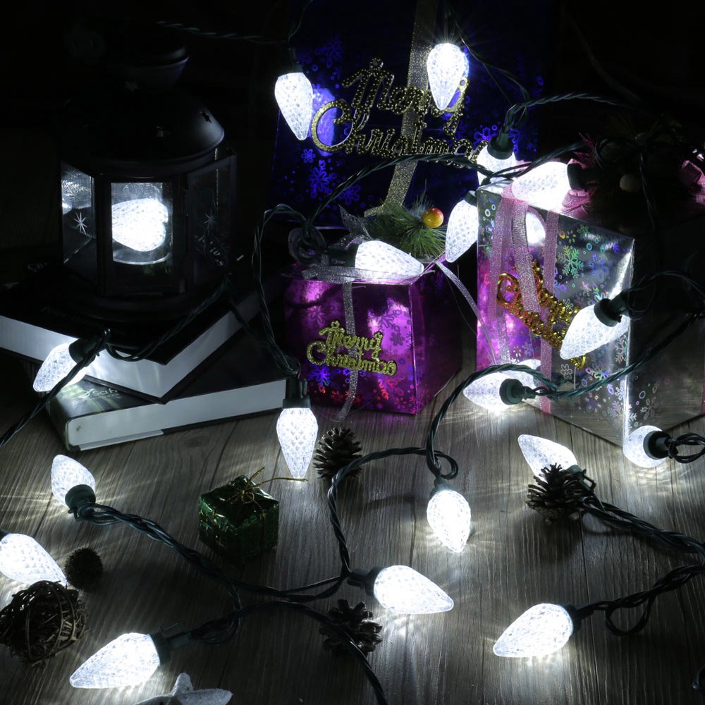 Brizled C9 Christmas Lights Cool White 16Ft 25 Led Faceted Outdoor Christmas Lights Connectable Xmas Light 120V Ul Certified For Tree, Holiday, House Decor