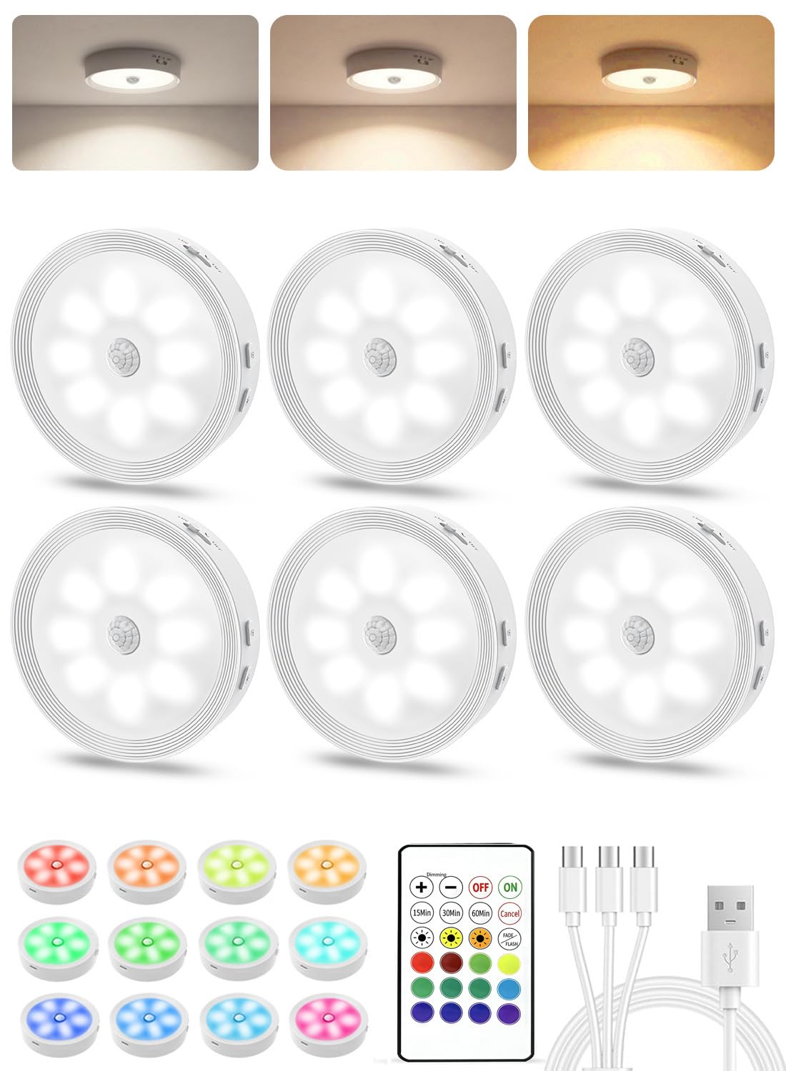 Under Cabinet Lighting, LED Puck Lights with Remote, Rechargeable Motion Sensor Lights Indoor, Dimmable Stick On Lights 3 Color 
