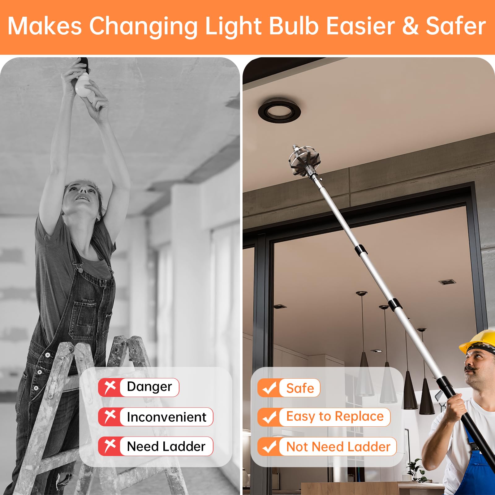 Gmr Light Bulb Changer For High Ceilings With 3-12Ft Telescopic Extension Pole,18Ft Reach Lightbulb Changing Pole Extension With