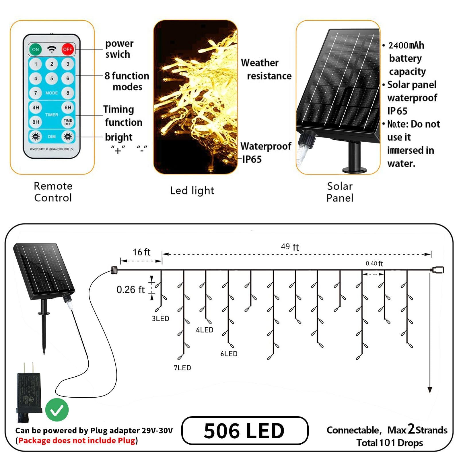 Ryblgled Solar Icicle Lights For Outside - 65Ft 506 Led Icicle Christmas Lights Outdoor Waterproof With Remote, Warm White Solar