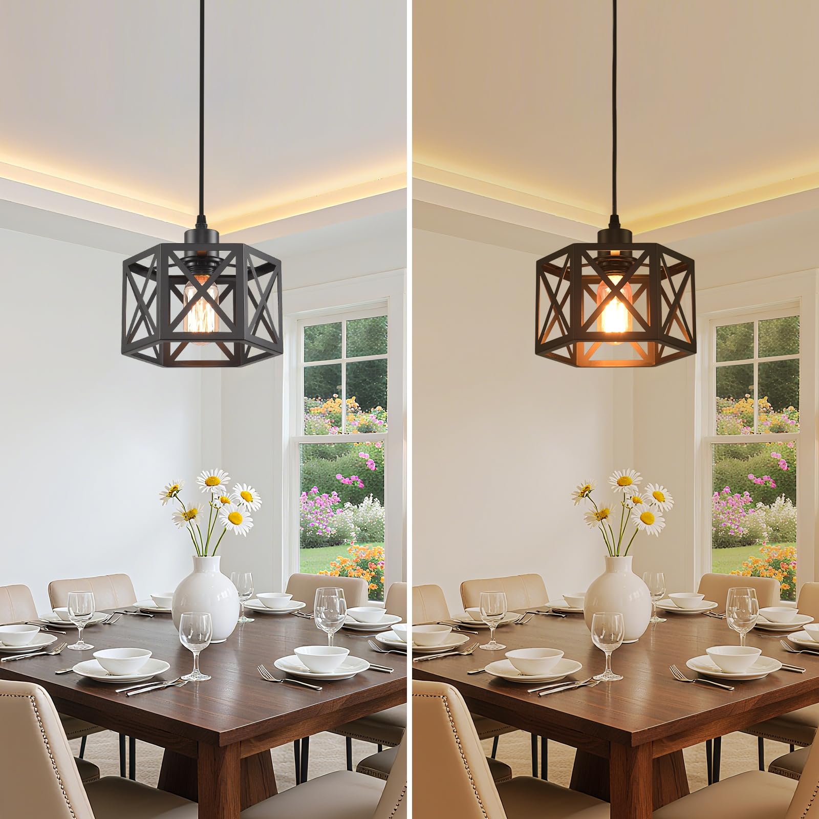 CAFULAM Farmhouse Pendant Light Fixture - 2 Light, Metal, Adjustable Height, Black Hexagon Lantern for Kitchen Island