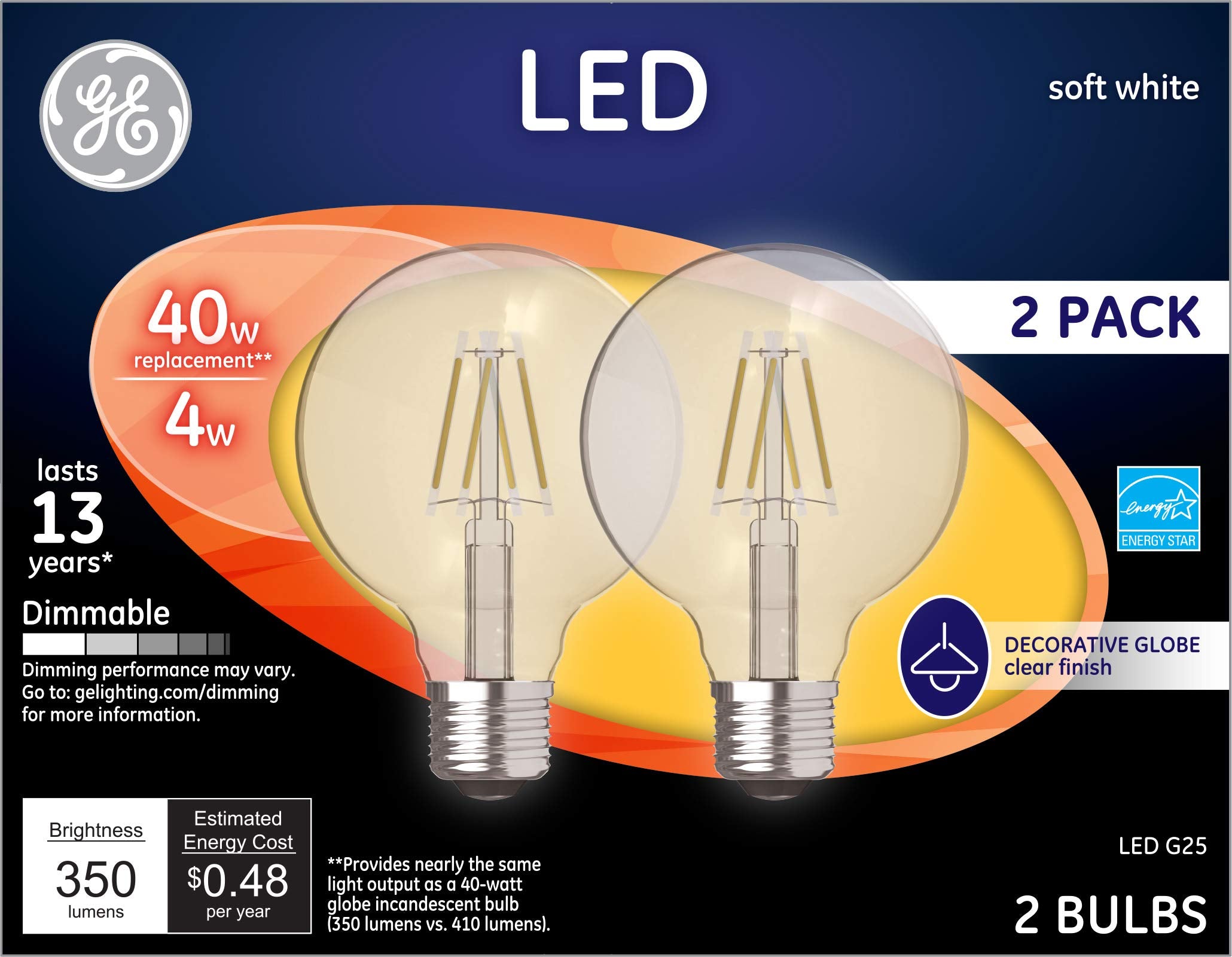 Ge Lighting Led Globe Light Bulbs, G25 Bulb, 4 Watt (40 Watt Equivalent) Soft White, Clear Finish, Medium Base, Dimmable (2 Pack